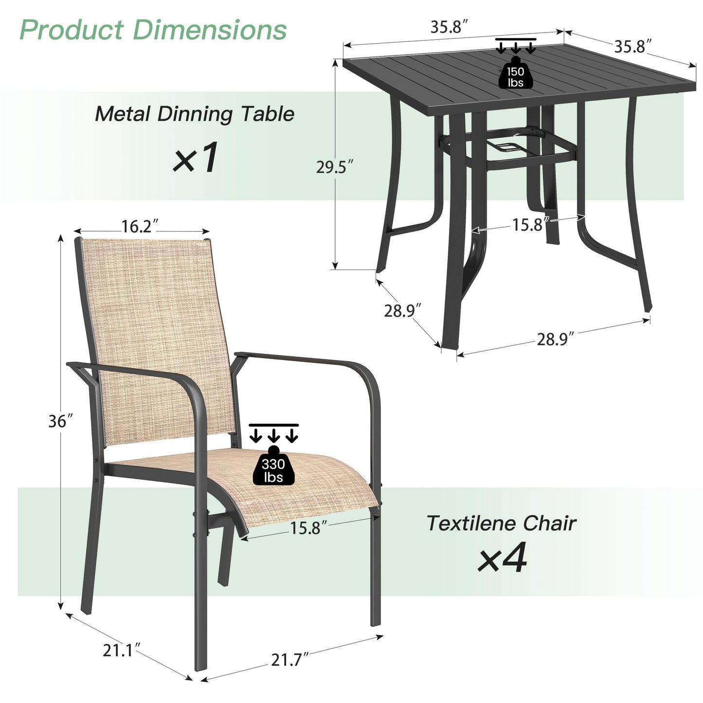 Product dimensions of a metal dining table and textilene chairs on a white background