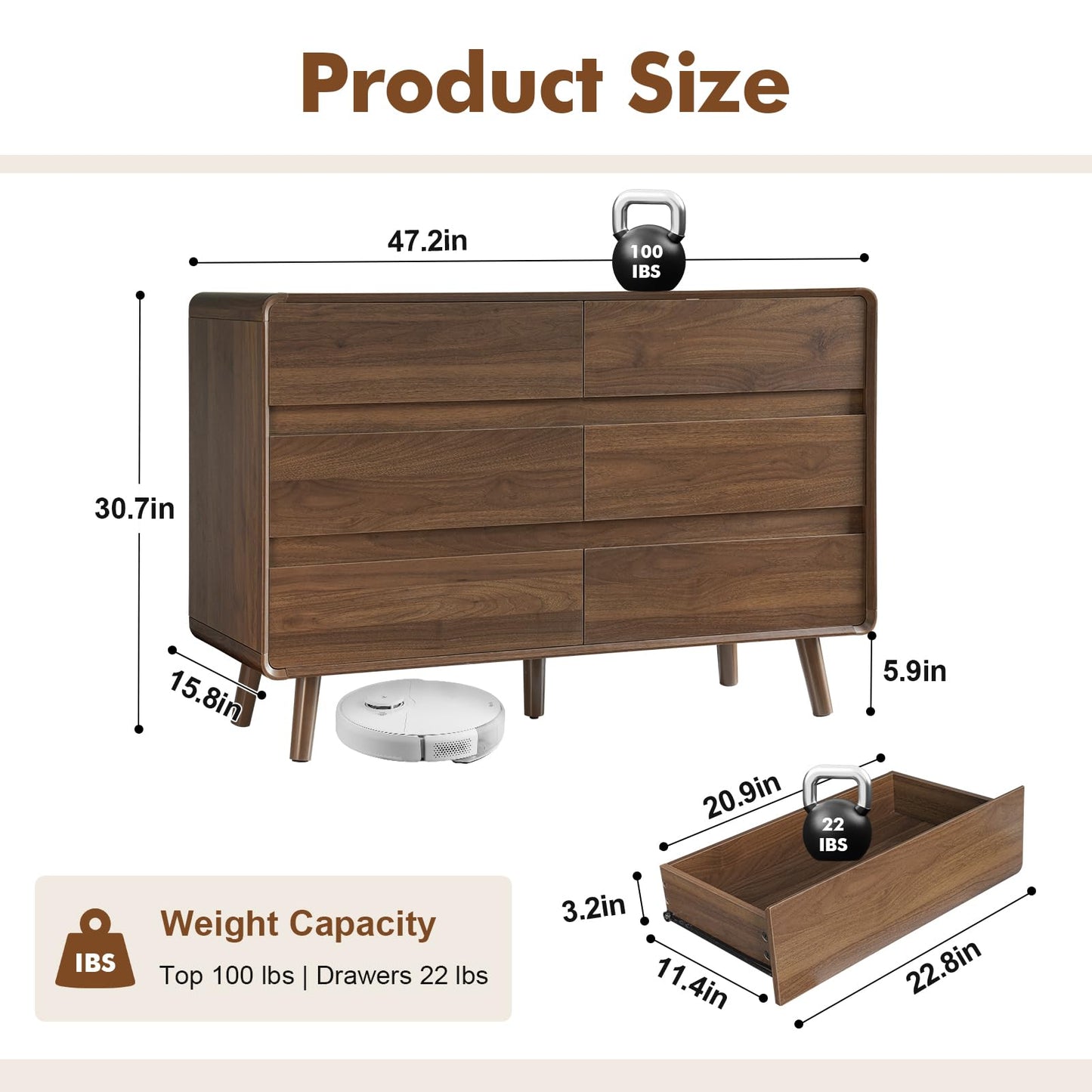 Mid Century Modern 6 Drawer Dresser for Bedroom