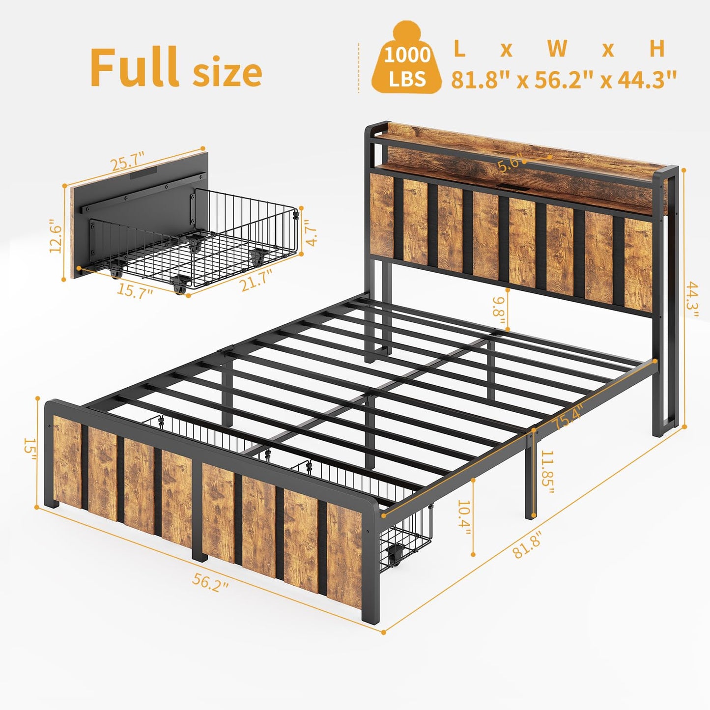 Bed Frame with Storage Headboard & Dual Built-in Storage Drawers