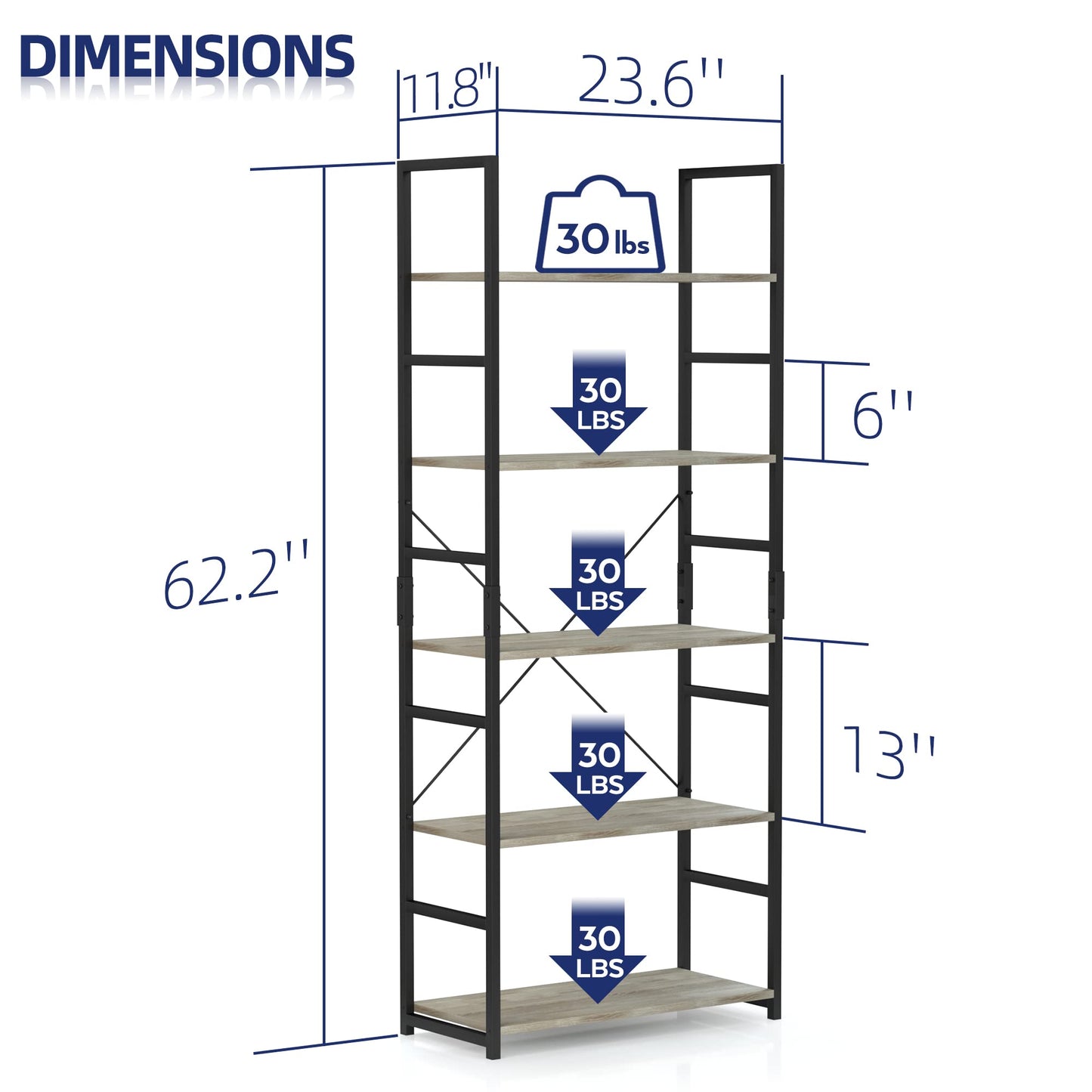 Grey 5 Tier Bookshelf