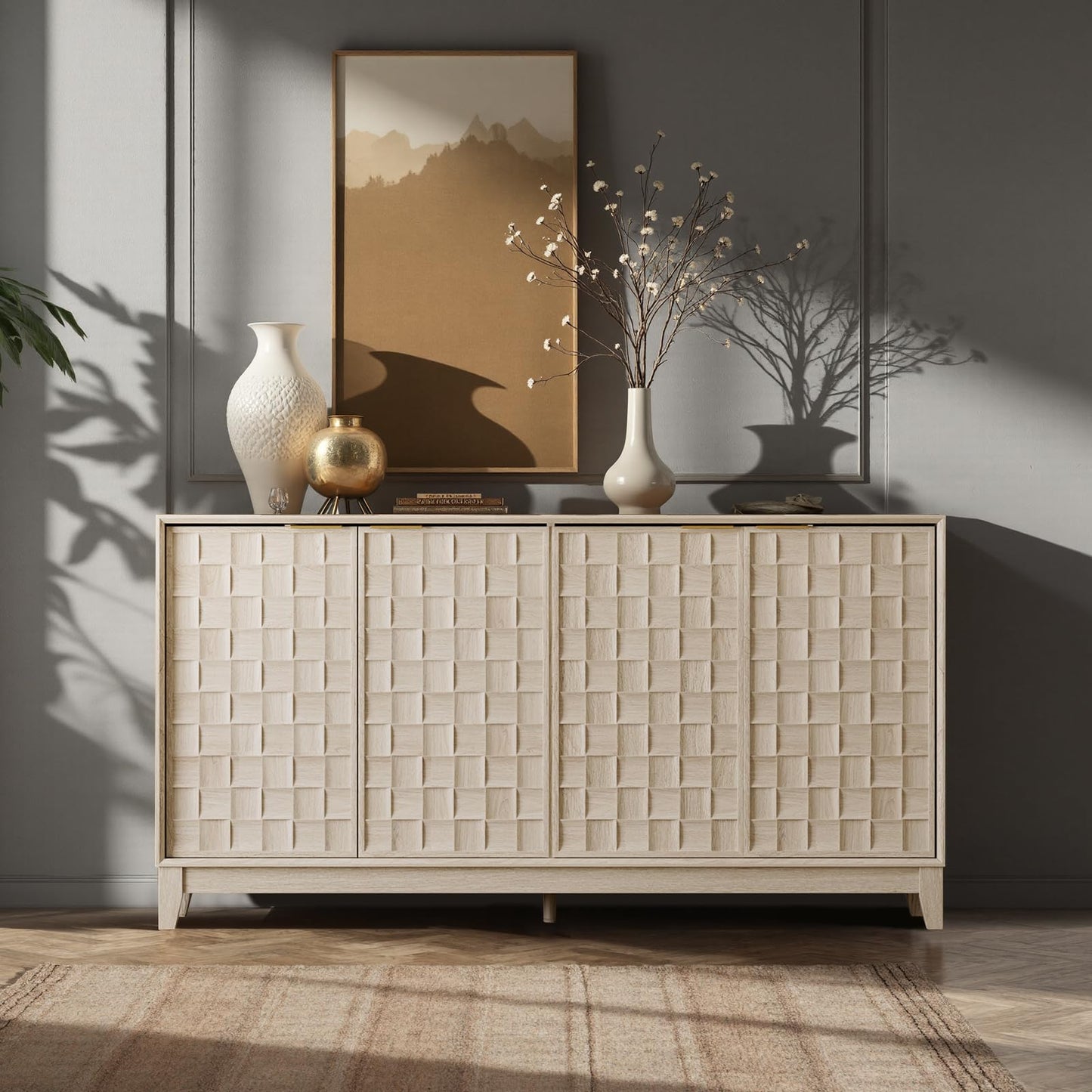 Oak White Sideboard Cabinet with Storage
