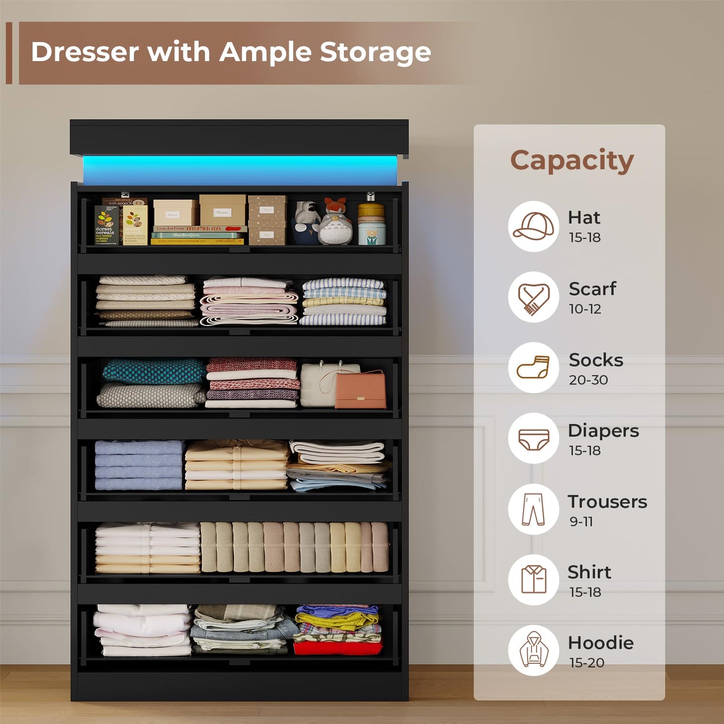 HAUOMS Tall 6 Drawer Dresser with LED Light, Black Modern Chest of Drawers for Bedroom,Closet Dressers with Drawers for Living Room, Entryway, Hallway