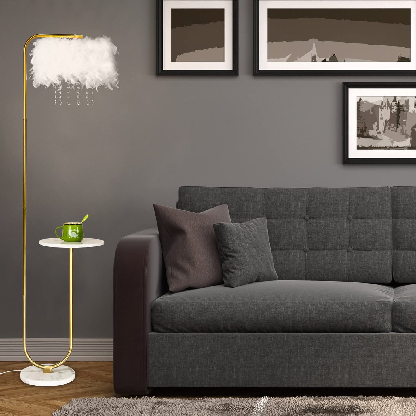 Unique Led White Feather Floor Lamp with Tray