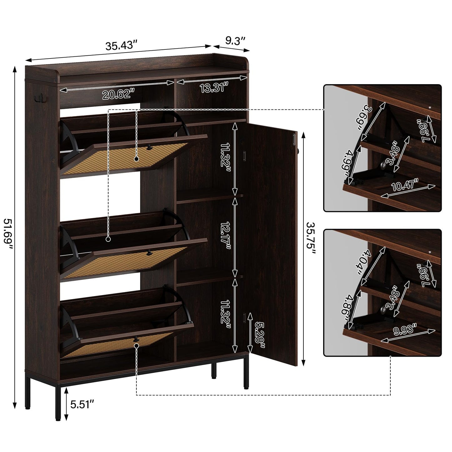 3 Tier Shoe Cabinet with Flip Drawers