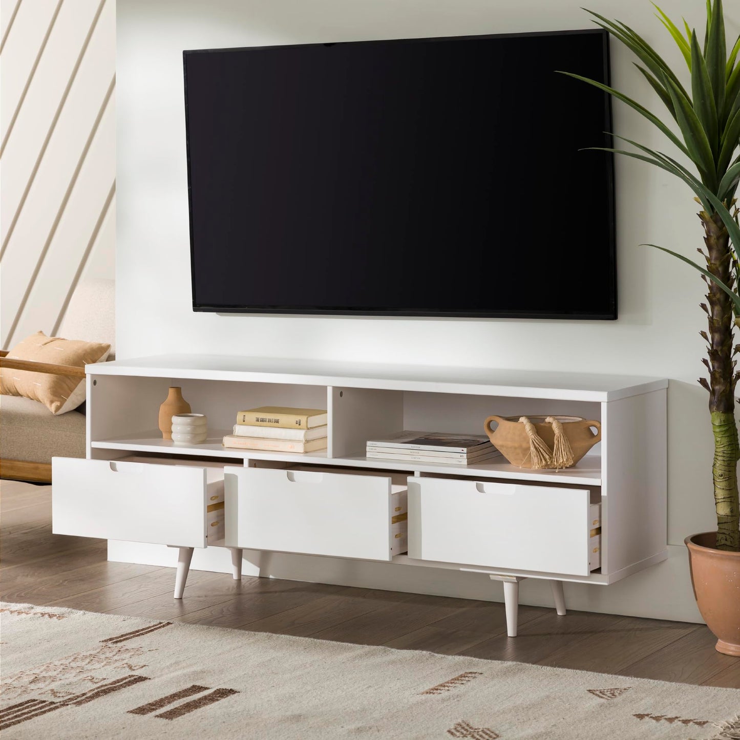 White - 65 IncheMid Century Modern 3 Drawer Solid Wood Low Stand TV