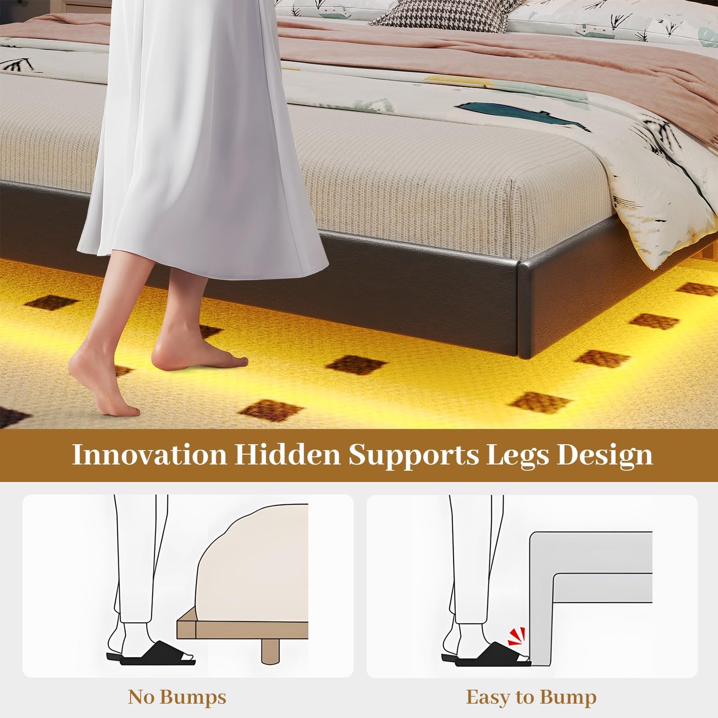 Floating Bed Frame Queen Size with Hidden Storage Headboard