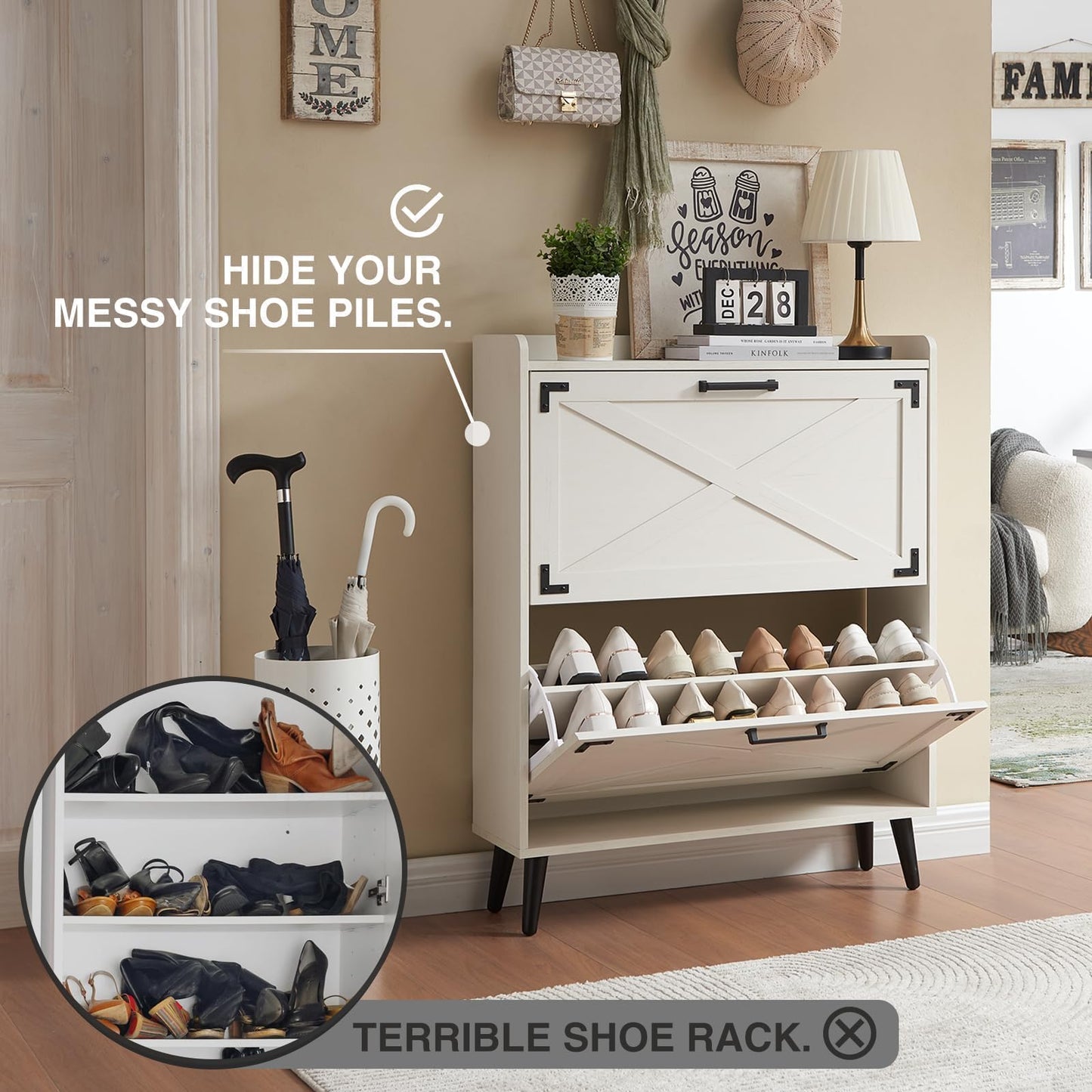 Barn Door Farmhouse Shoe Organizer with 2 Flip Drawers