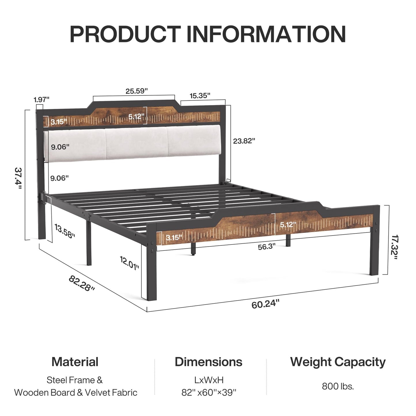 Bed Frame with Upholstered Headboard and Wooden Footboard