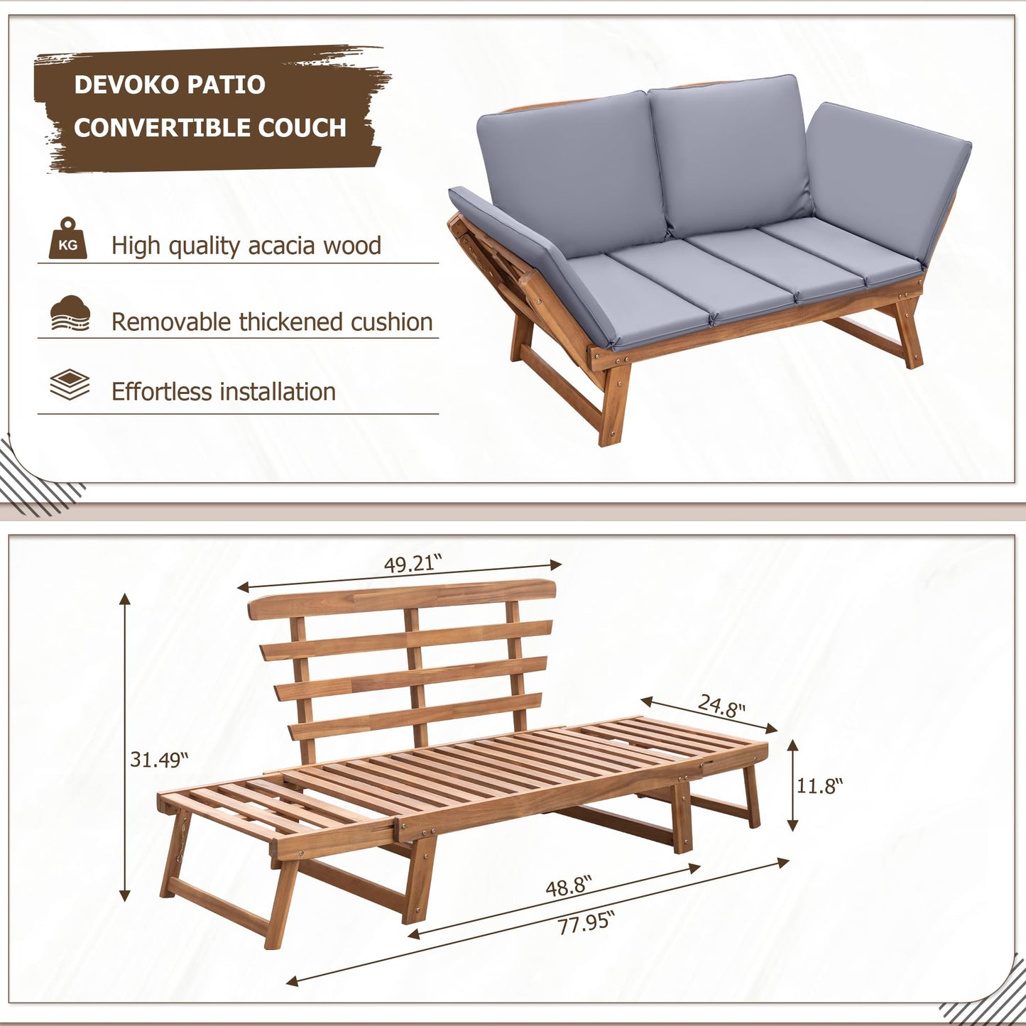 Acacia Wood Patio Couch with Adjustable Armrests
