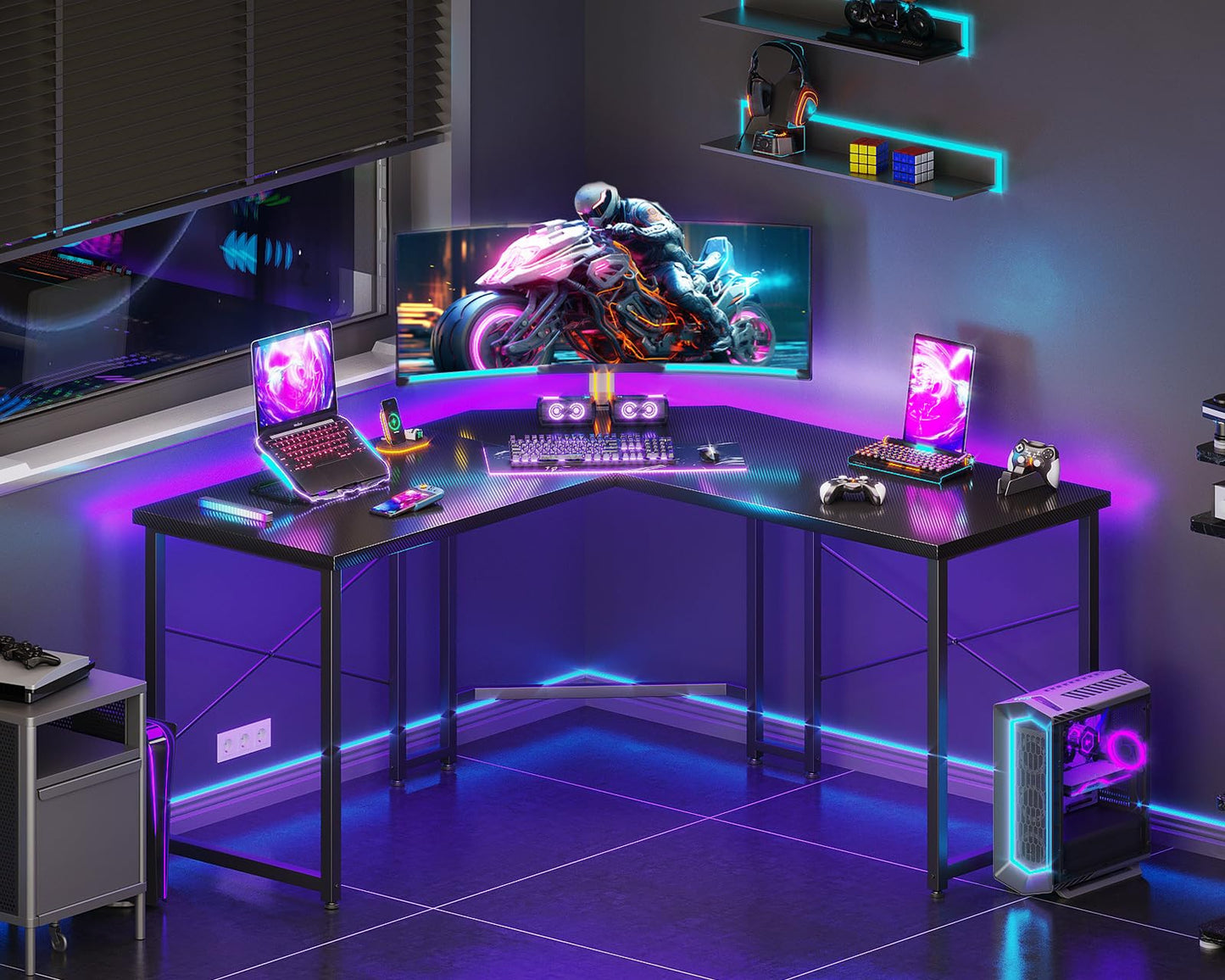 Carbon Fiber Surface, Black L Shaped Gaming Desk