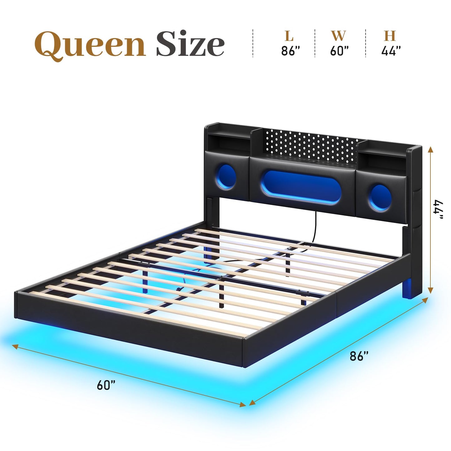 Floating Bed Frame Queen Size with Hidden Storage Headboard