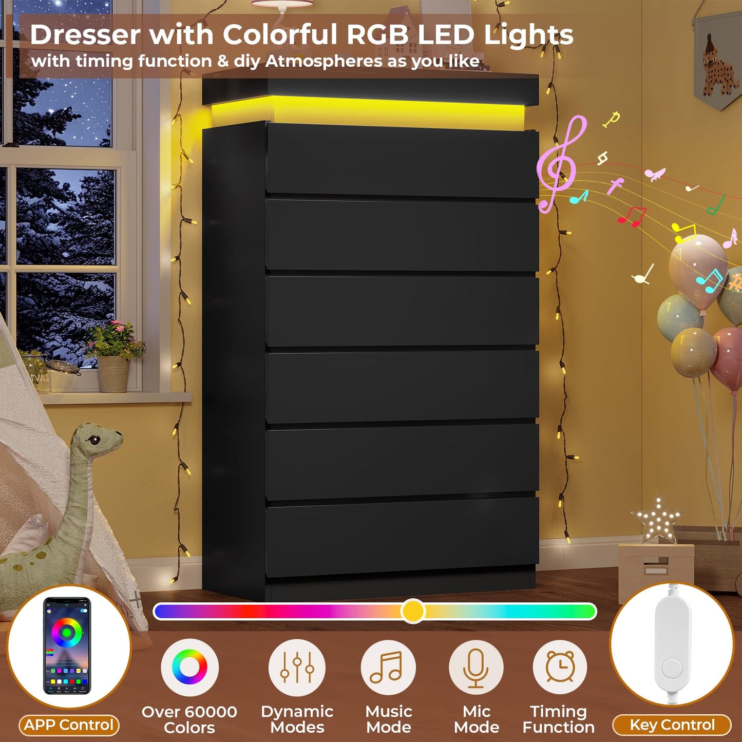 HAUOMS Tall 6 Drawer Dresser with LED Light, Black Modern Chest of Drawers for Bedroom,Closet Dressers with Drawers for Living Room, Entryway, Hallway