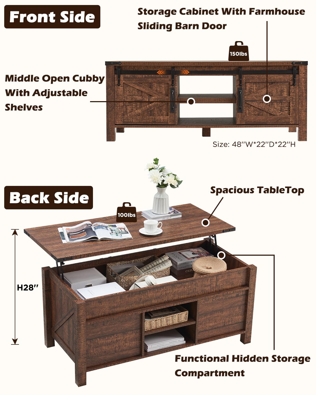 BarnWood Farmhouse Lift Top Coffee Table