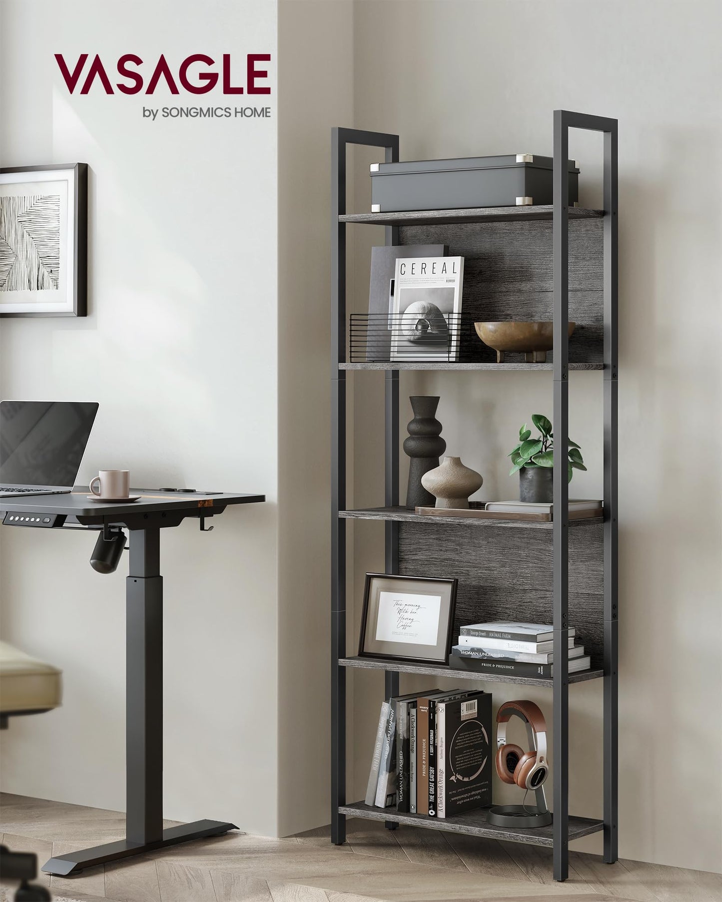 Charcoal Gray + Black 5-Tier Bookshelf