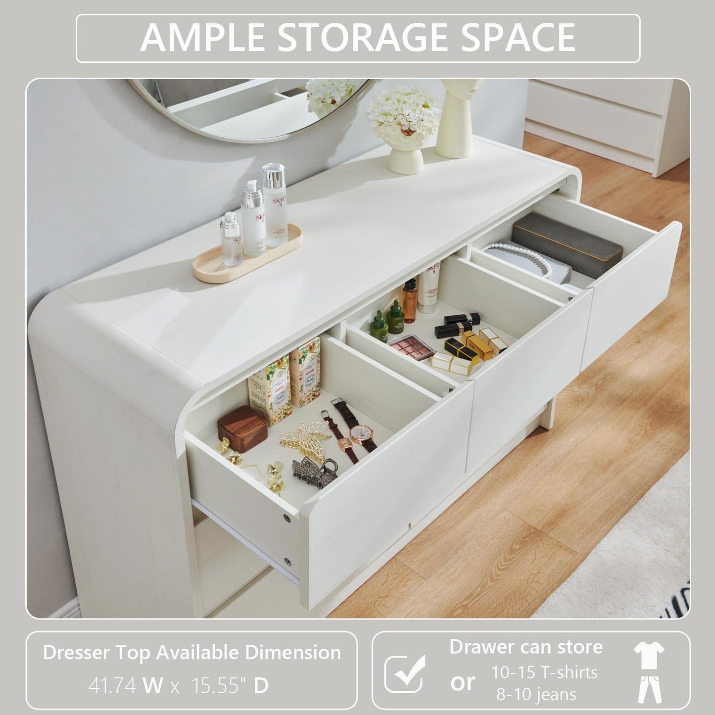 Aitjunz Modern 7 Drawers Dresser for Bedroom, 47" Wide Wood Dressers & Chests of Drawers w/Curved Profile Design, Mid Century Modern Dresser w/Natural Texture for Bedroom, Living Room,Antique White