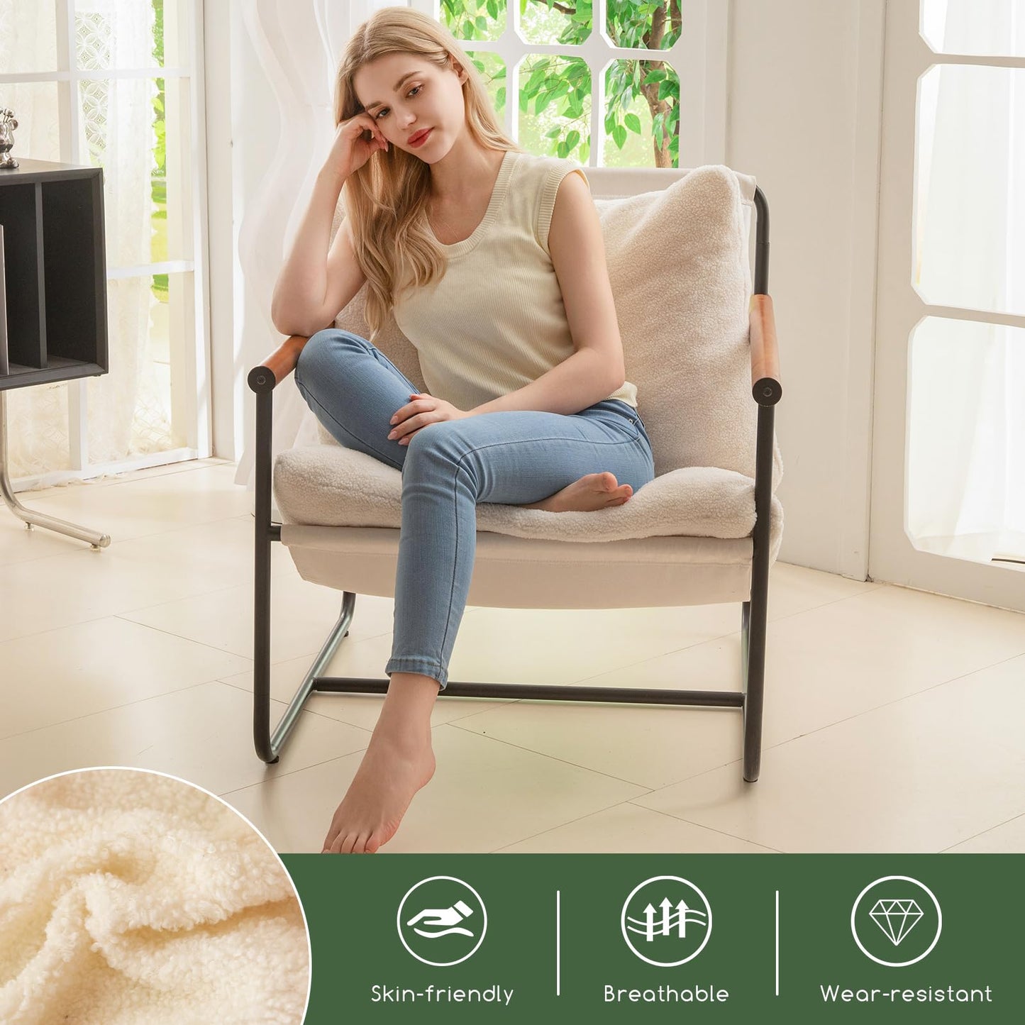 Living Room Accent Chair with Wood Armrests