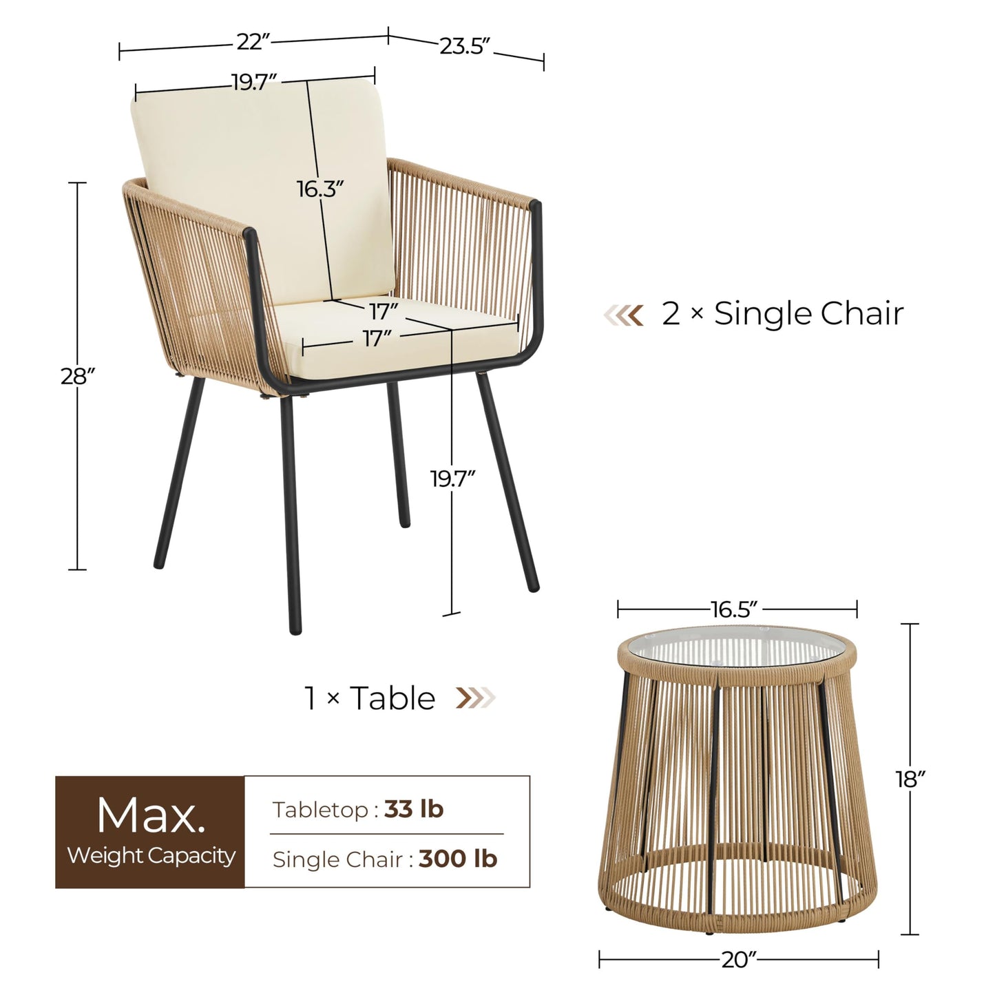 3 Piece Patio Rattan Bistro Set
