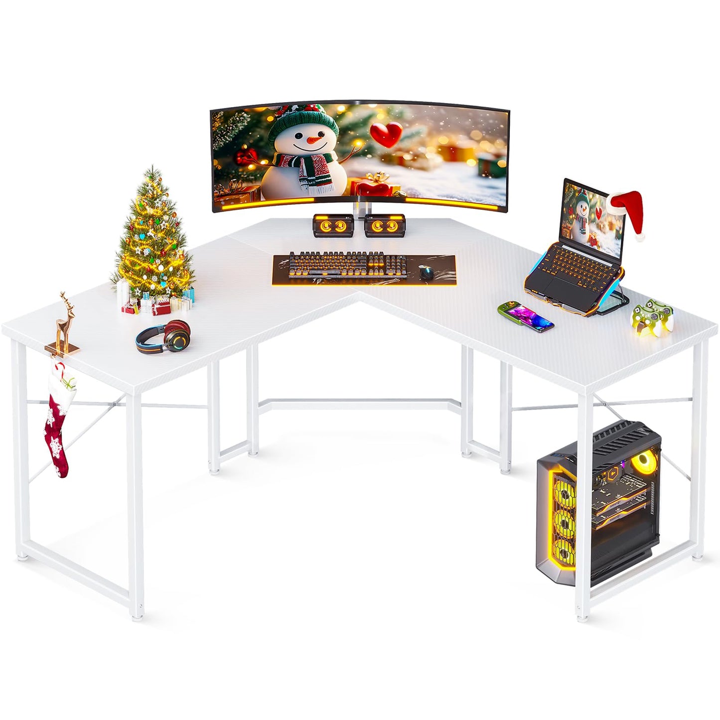 Carbon Fiber Surface, White L Shaped Gaming Desk