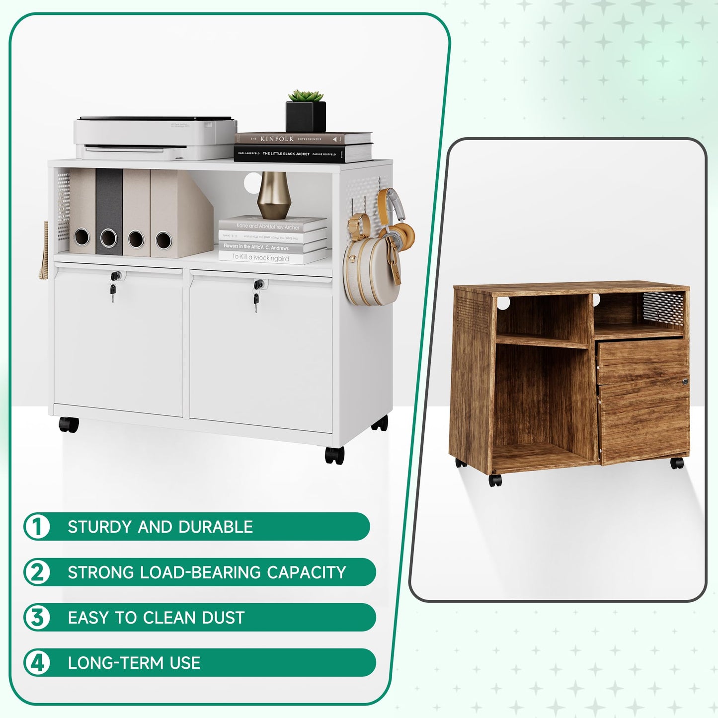 2 Drawer File Cabinet with Lock, Metal Lateral Printer Stand