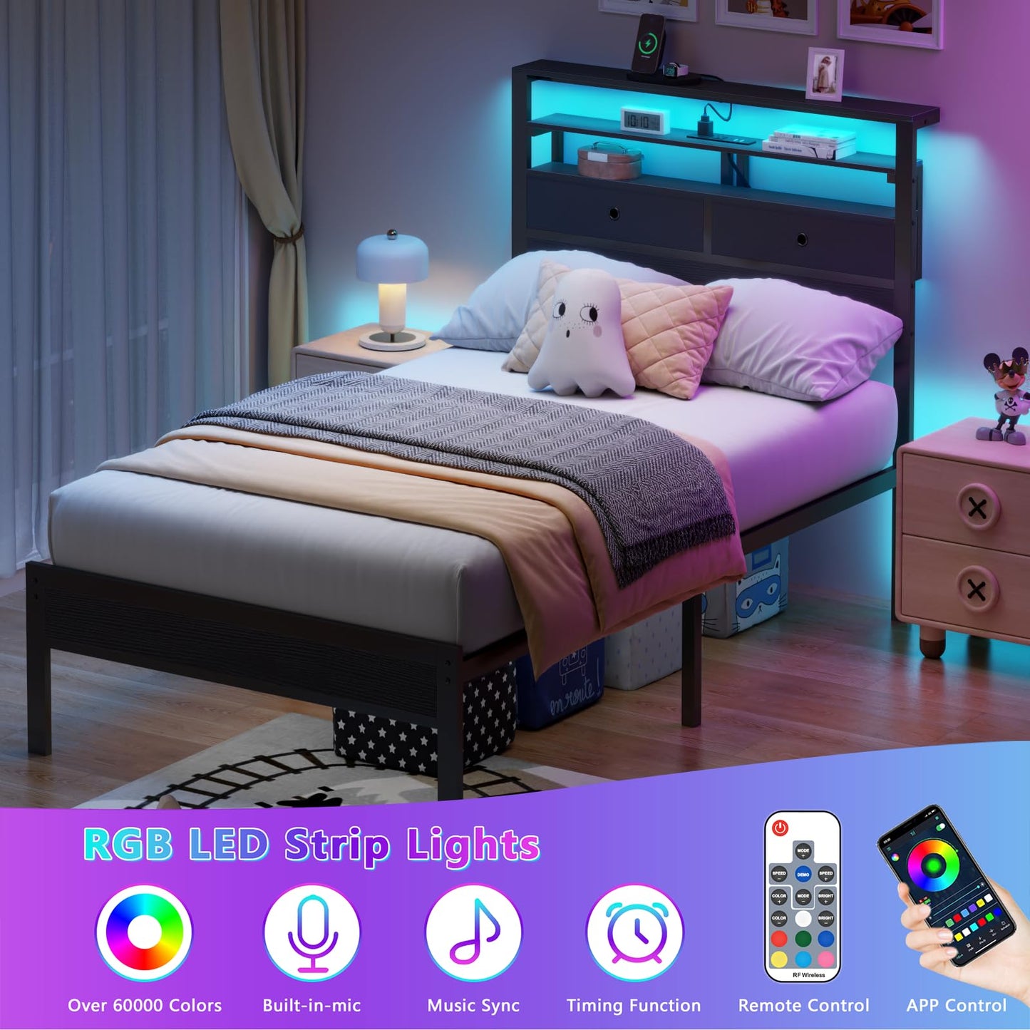 Bed Frames with Charging Station and LED Lights