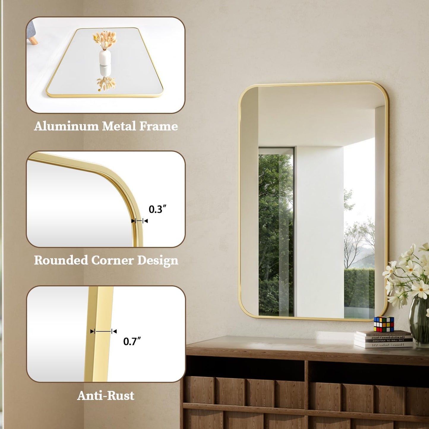 Aluminum Alloy Frame Wall Mounted Mirror with Rounded Corners