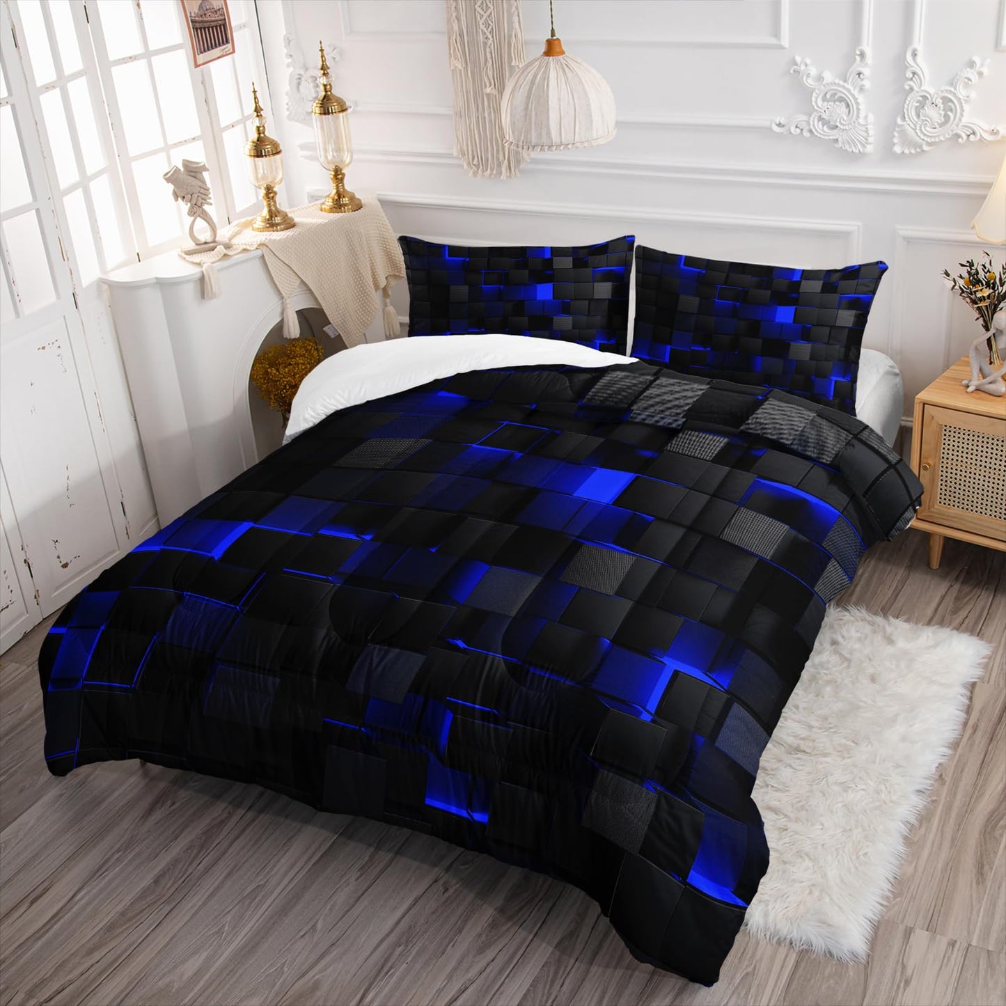 Blue Black Comforter Set,Light Honeycomb 3 Piece