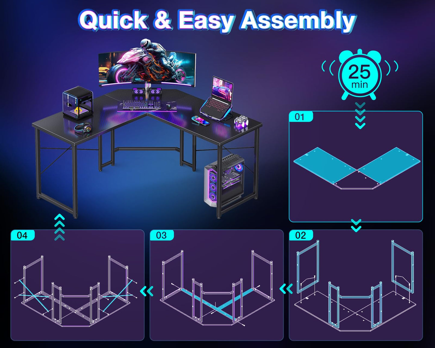 Carbon Fiber Surface, Black L Shaped Gaming Desk