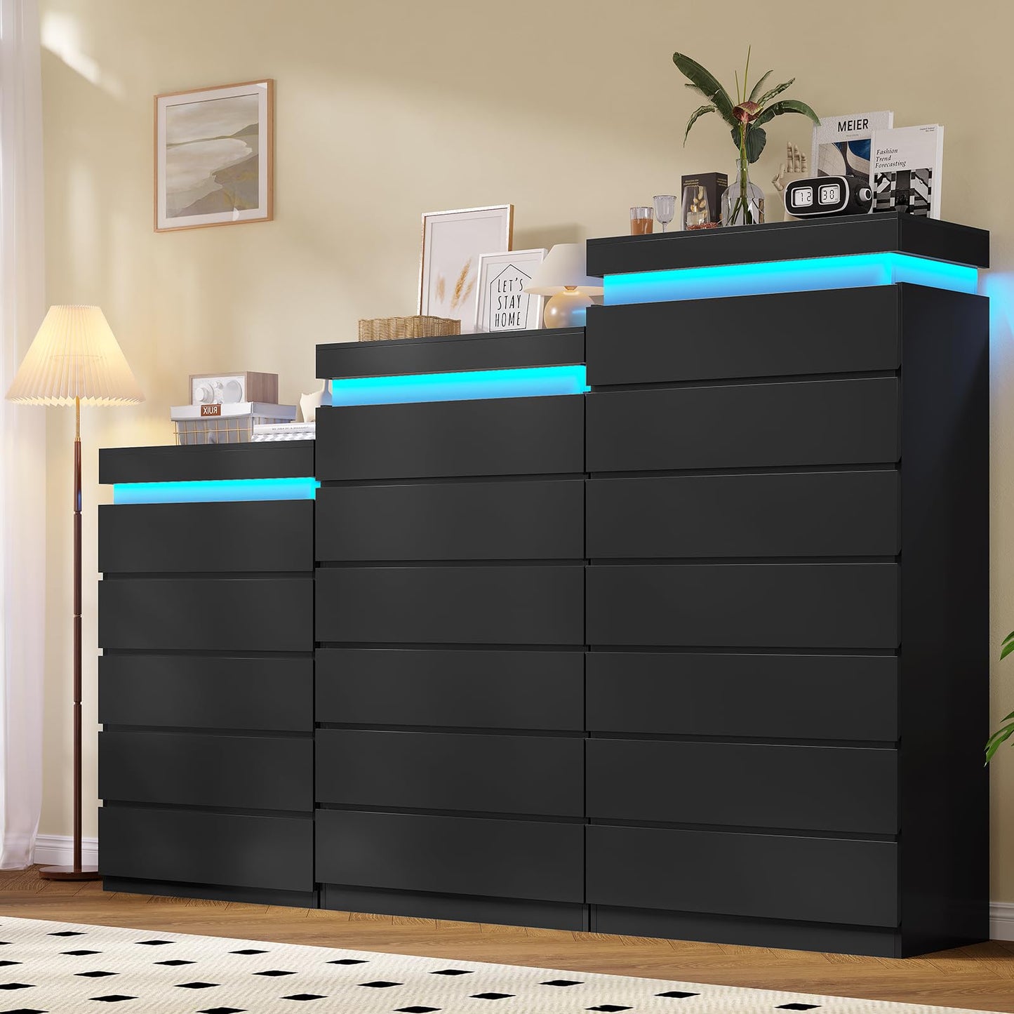 HAUOMS Tall 6 Drawer Dresser with LED Light, Black Modern Chest of Drawers for Bedroom,Closet Dressers with Drawers for Living Room, Entryway, Hallway