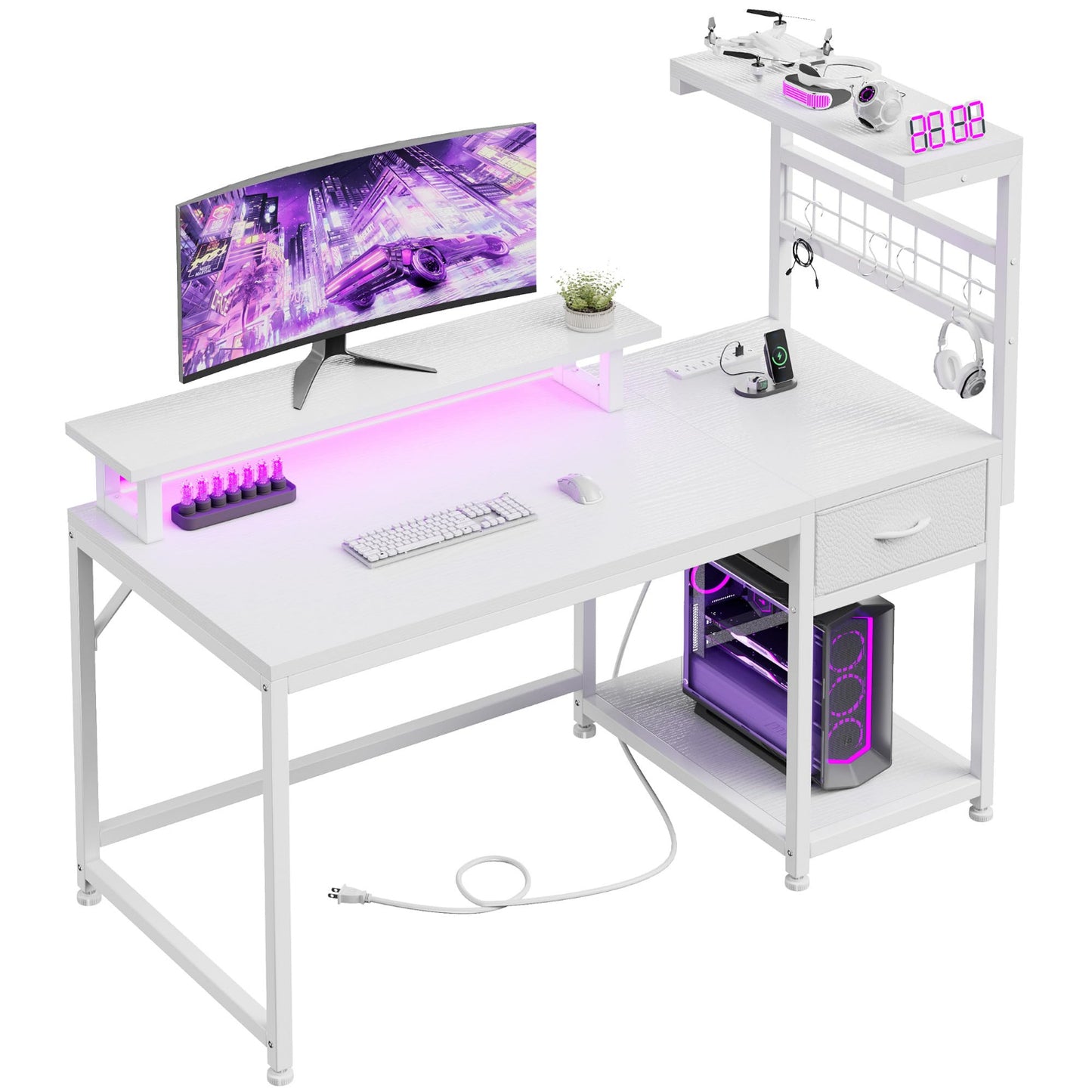 White Computer Desk with Drawers and Shelves