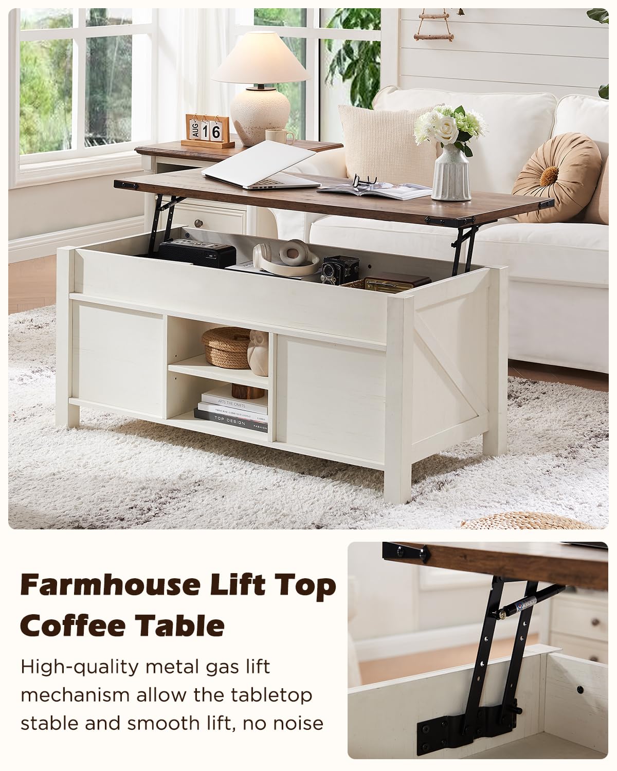 Farmhouse Lift Top Coffee Table White And Brown