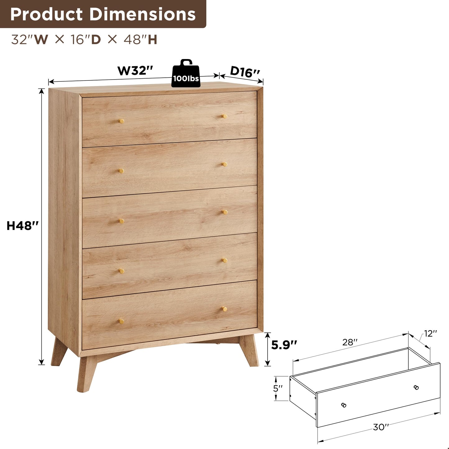 48" Tall Mid Century Modern Chest of Drawers