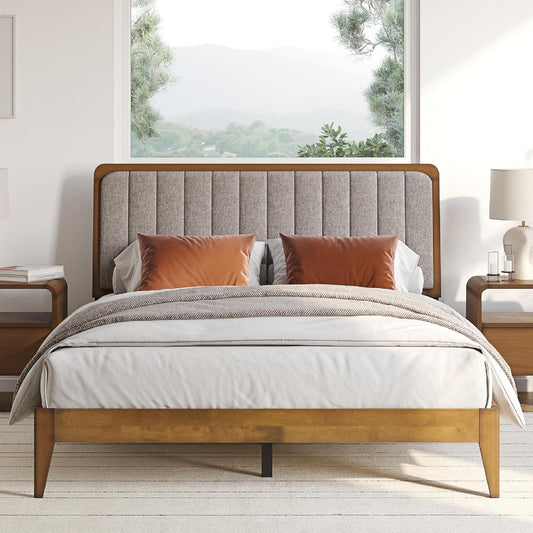 Walnut Finish Platform Bed with Tufted Upholstered Adjustable Height Headboard