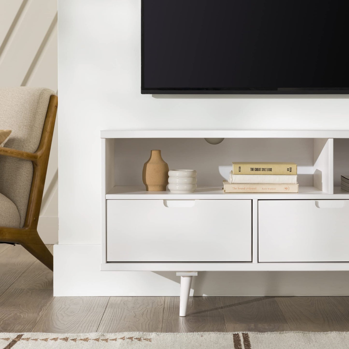 White - 65 IncheMid Century Modern 3 Drawer Solid Wood Low Stand TV