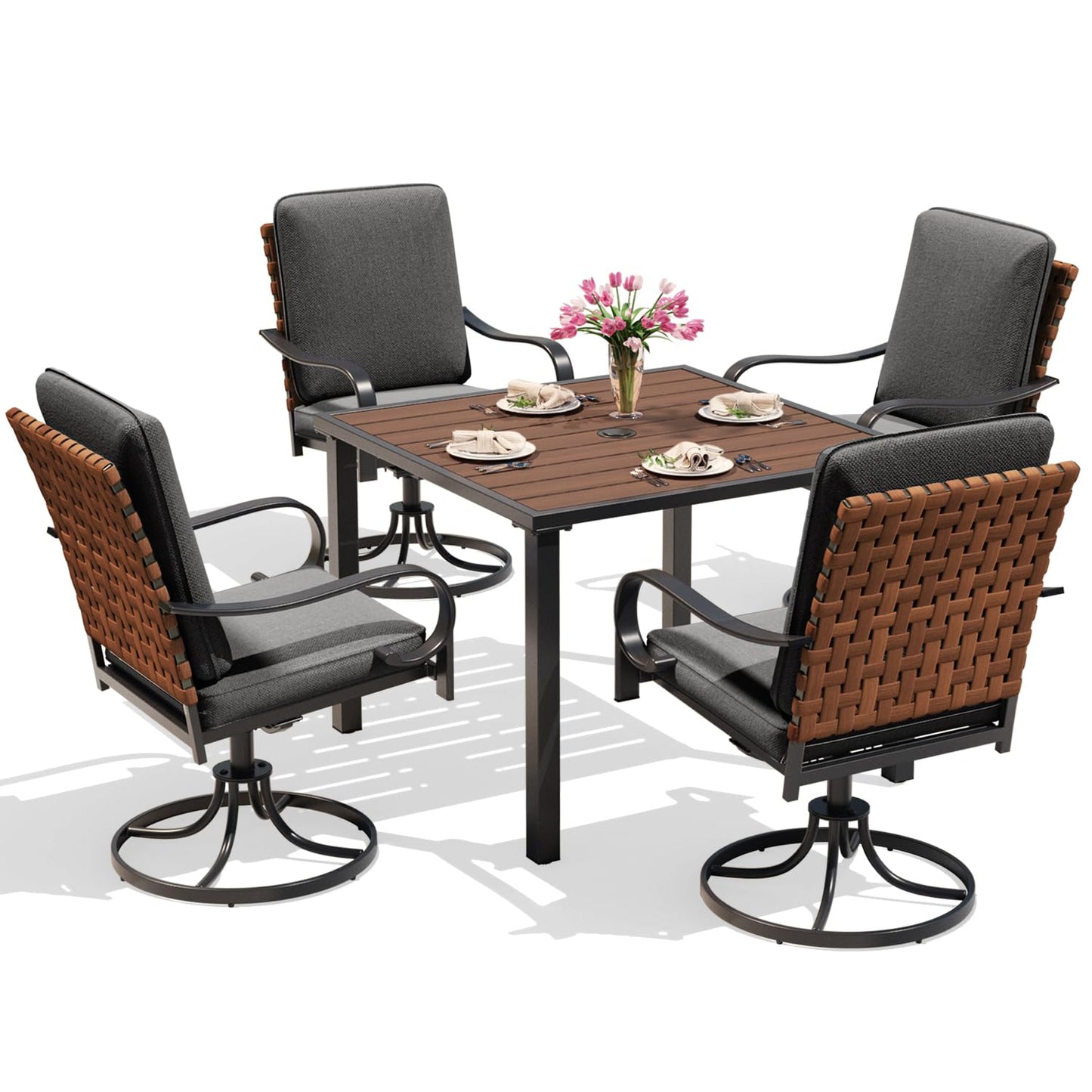 Outdoor dining set with a table and four chairs on a white background