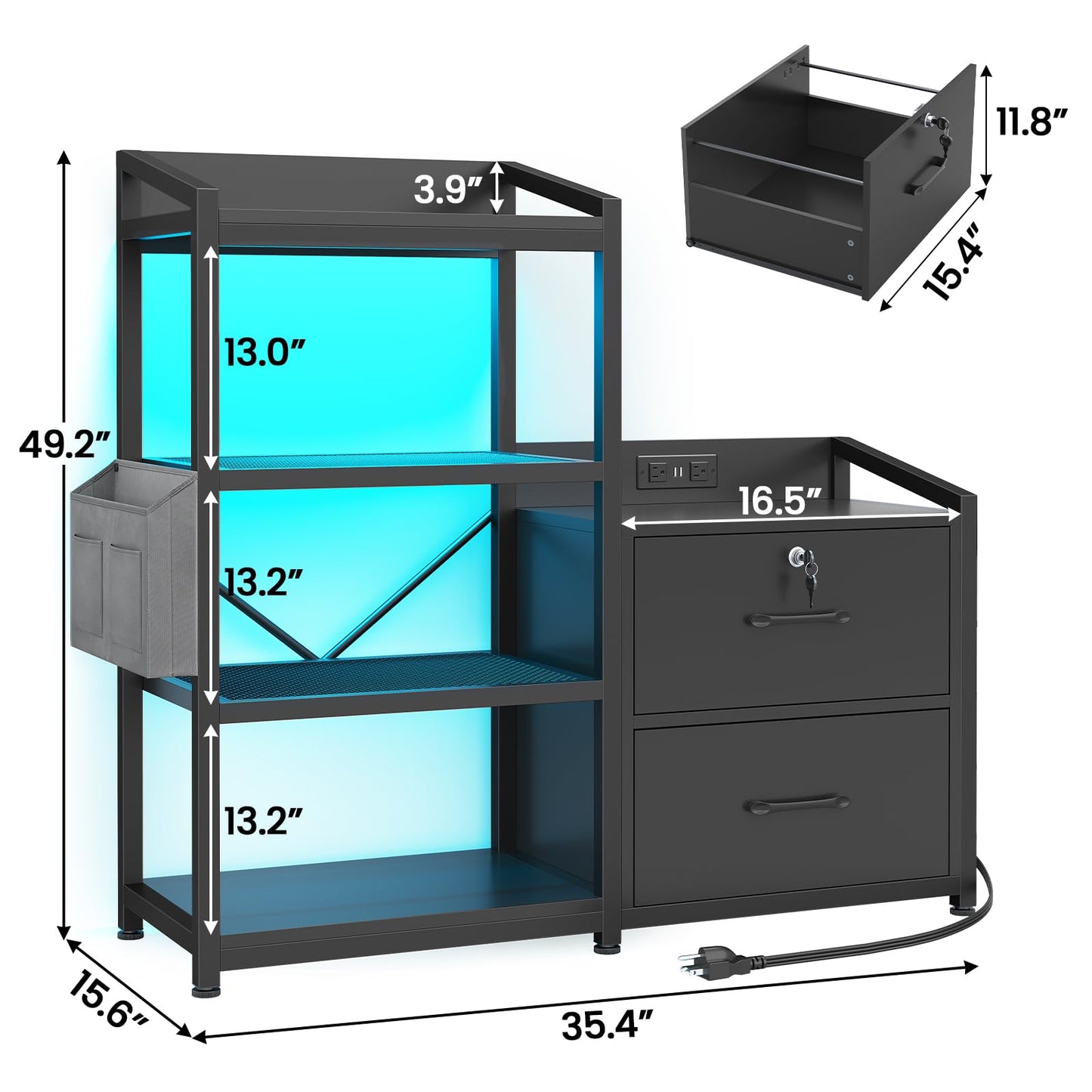 35.4” File Cabinet, 2 Drawer File Cabinets for Home Office with Power Strip