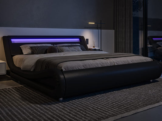 LED Platform Bed Frame with Adjustable Headboard/No Box Spring Need