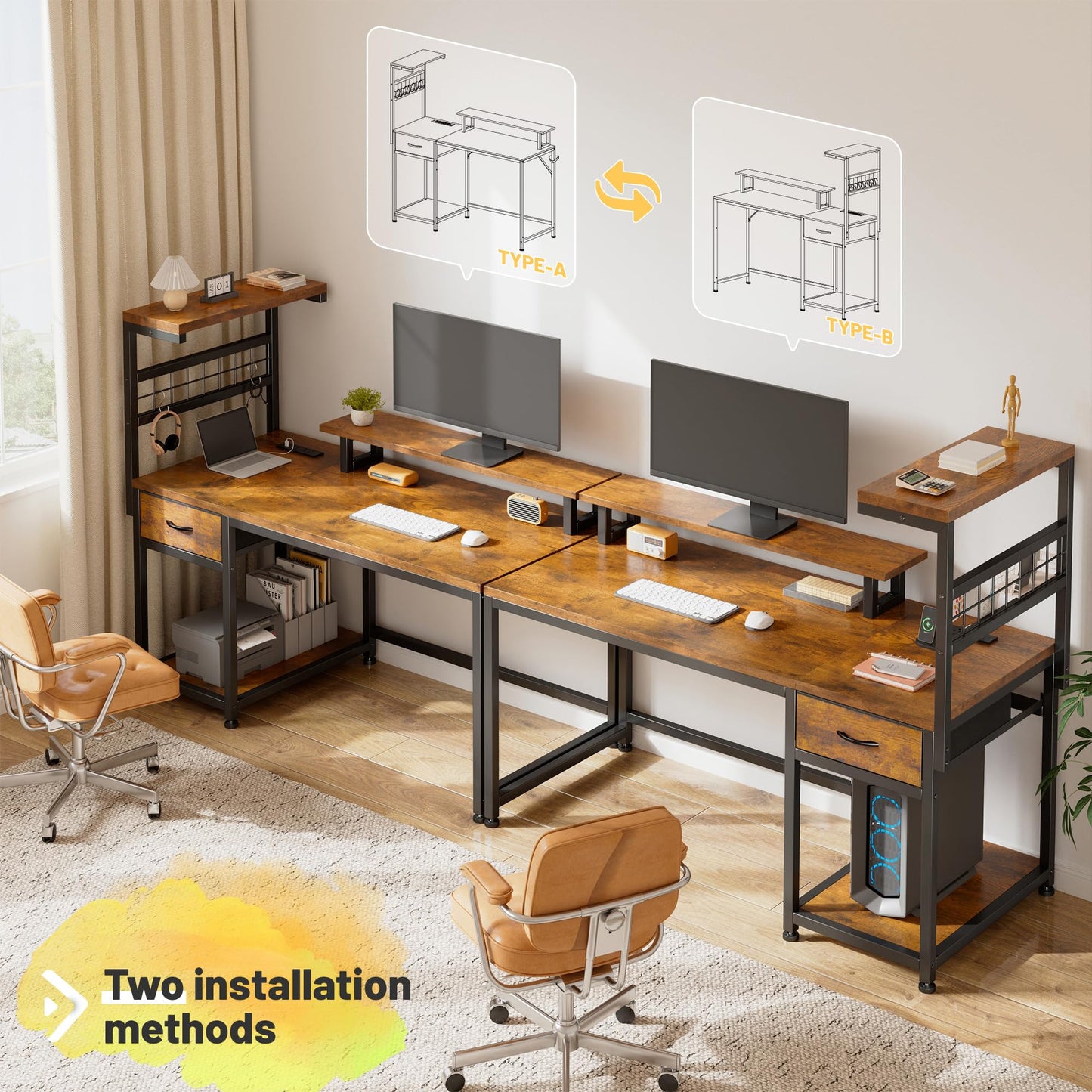 Rustic Brown Computer Desk with Drawer and Shelves