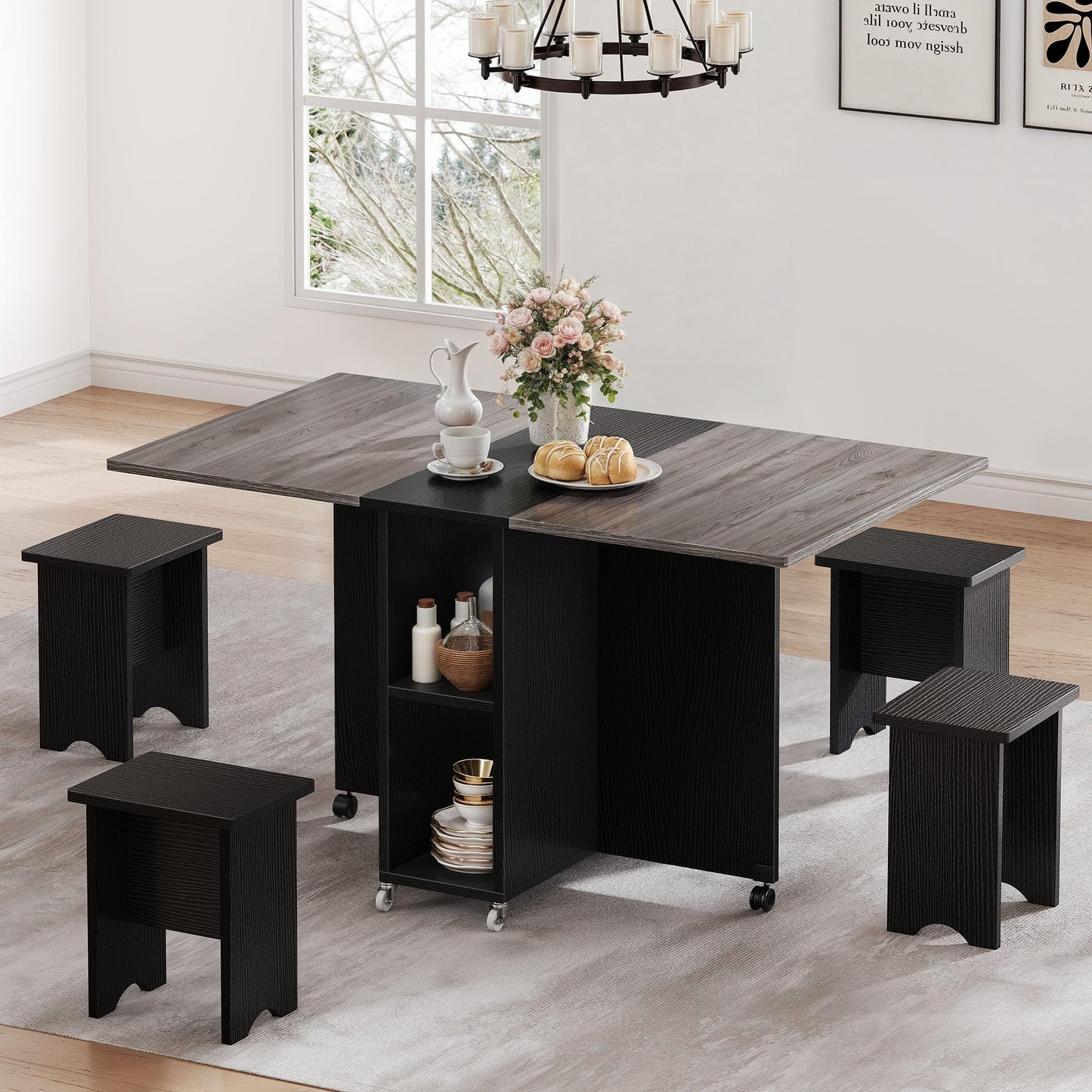 5 Pieces Folding Extendable Dining Table Set