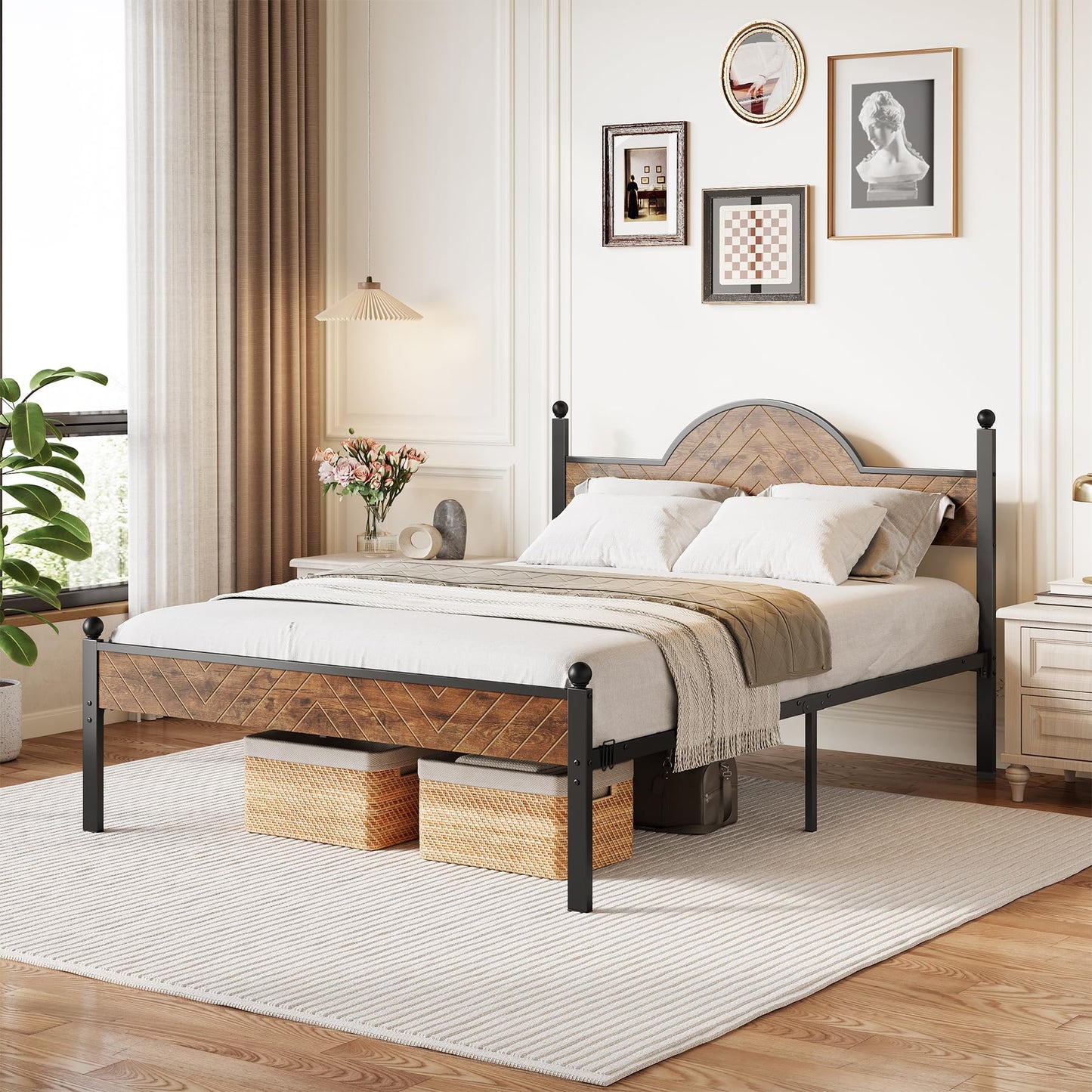 Bed Frame with Wooden Height-Adjustable Headboard and Footboard