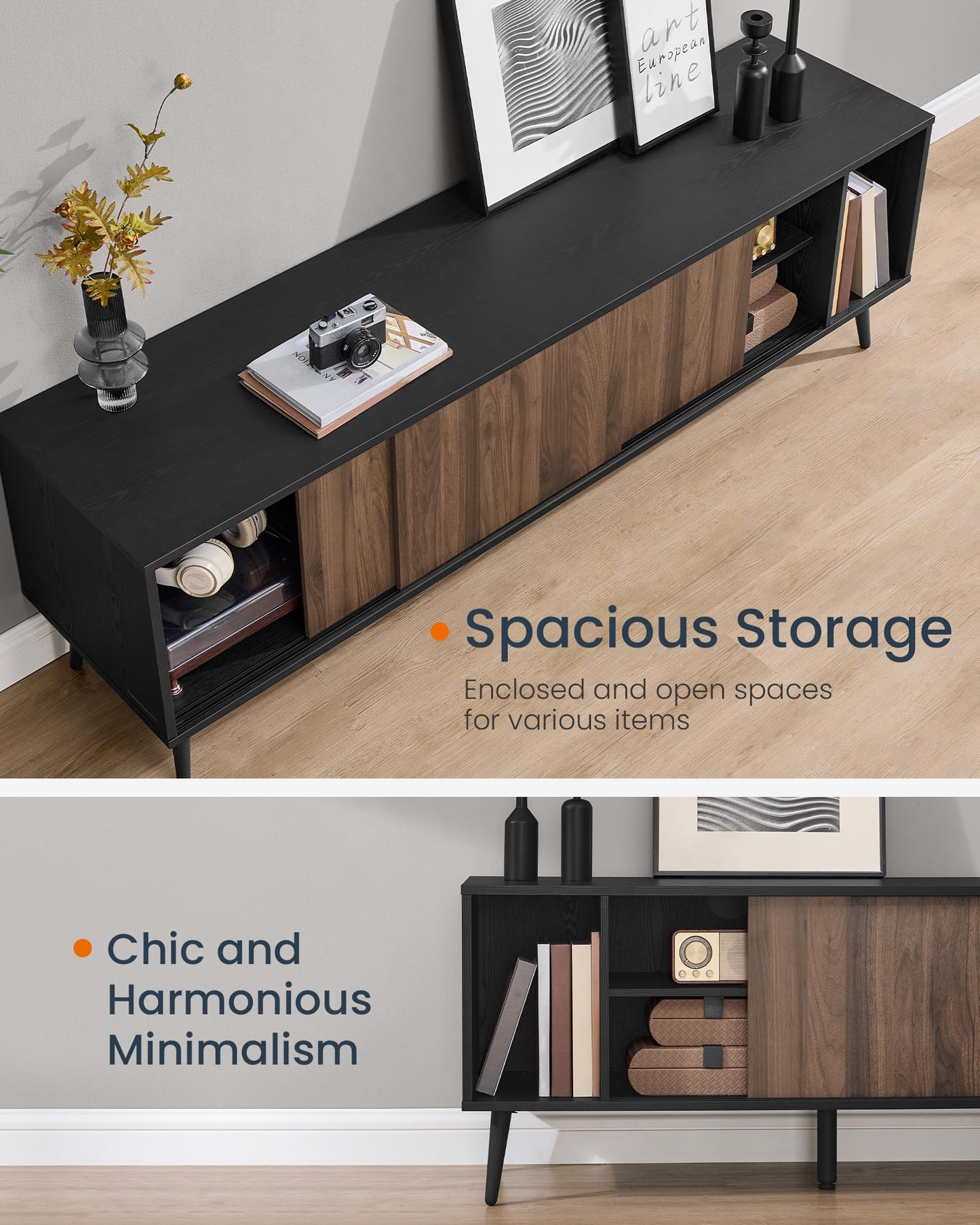 Natural Walnut + Ebony Black - 72 Inches TV Stand
