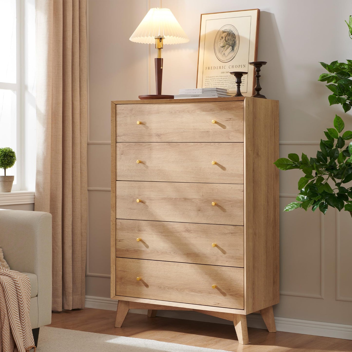 Wooden dresser with drawers in a room with a lamp and plant