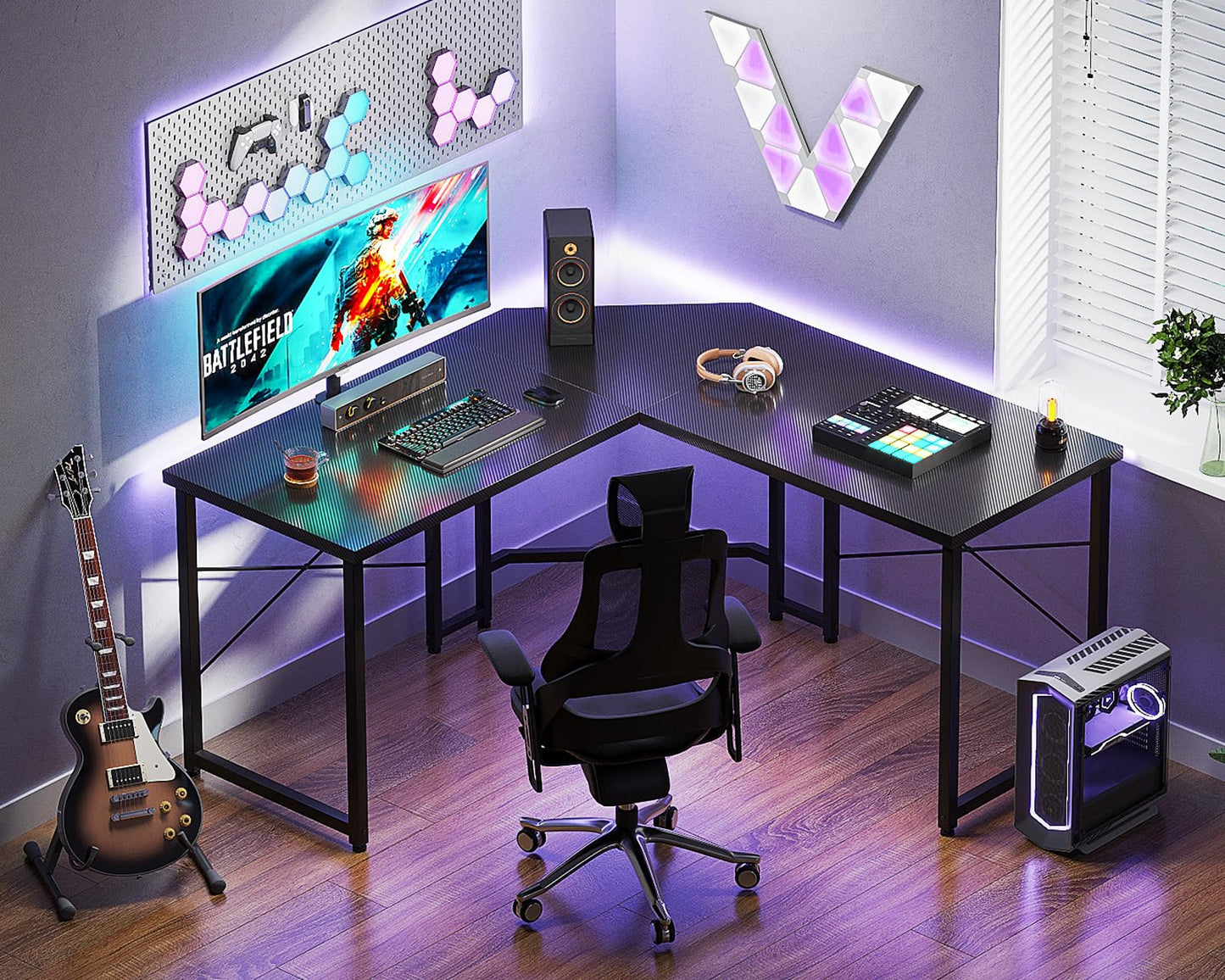 Carbon Fiber Surface, Black L Shaped Gaming Desk