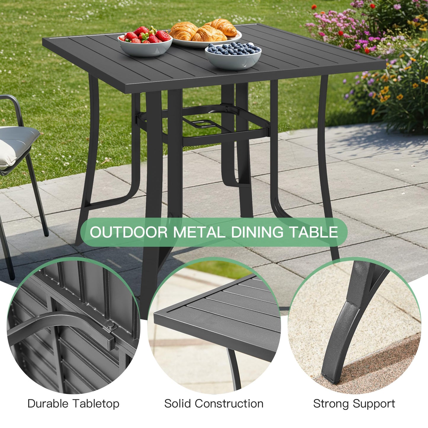 Outdoor metal dining table with durable tabletop, solid construction, and strong support features.