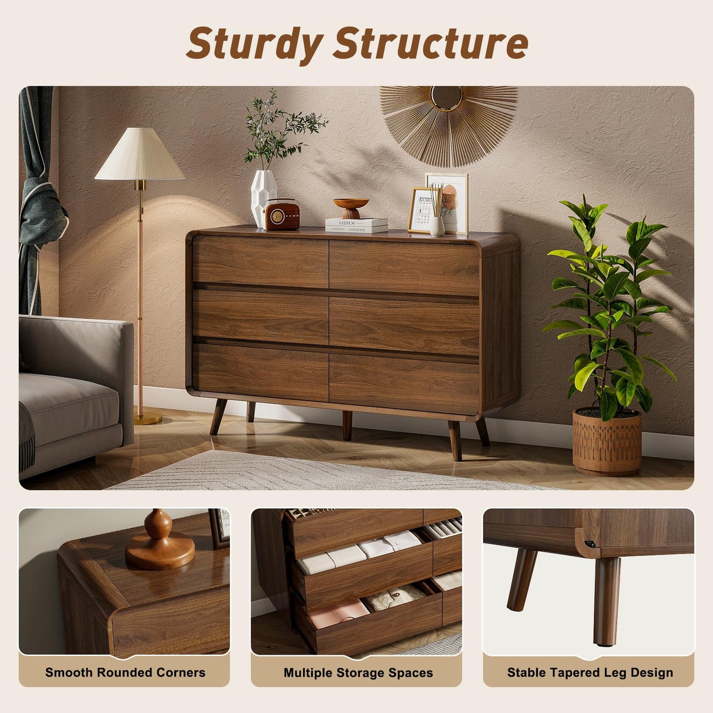 Mid Century Modern 6 Drawer Dresser for Bedroom