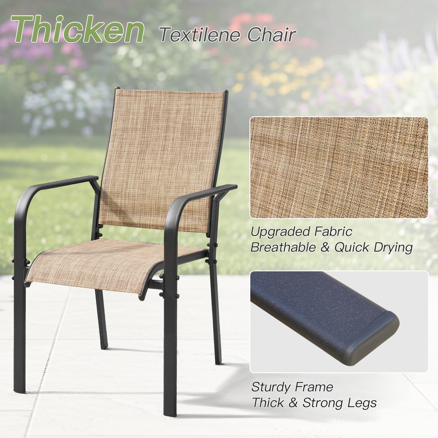 Textilene chair with upgraded fabric and sturdy frame, set against a blurred outdoor background.