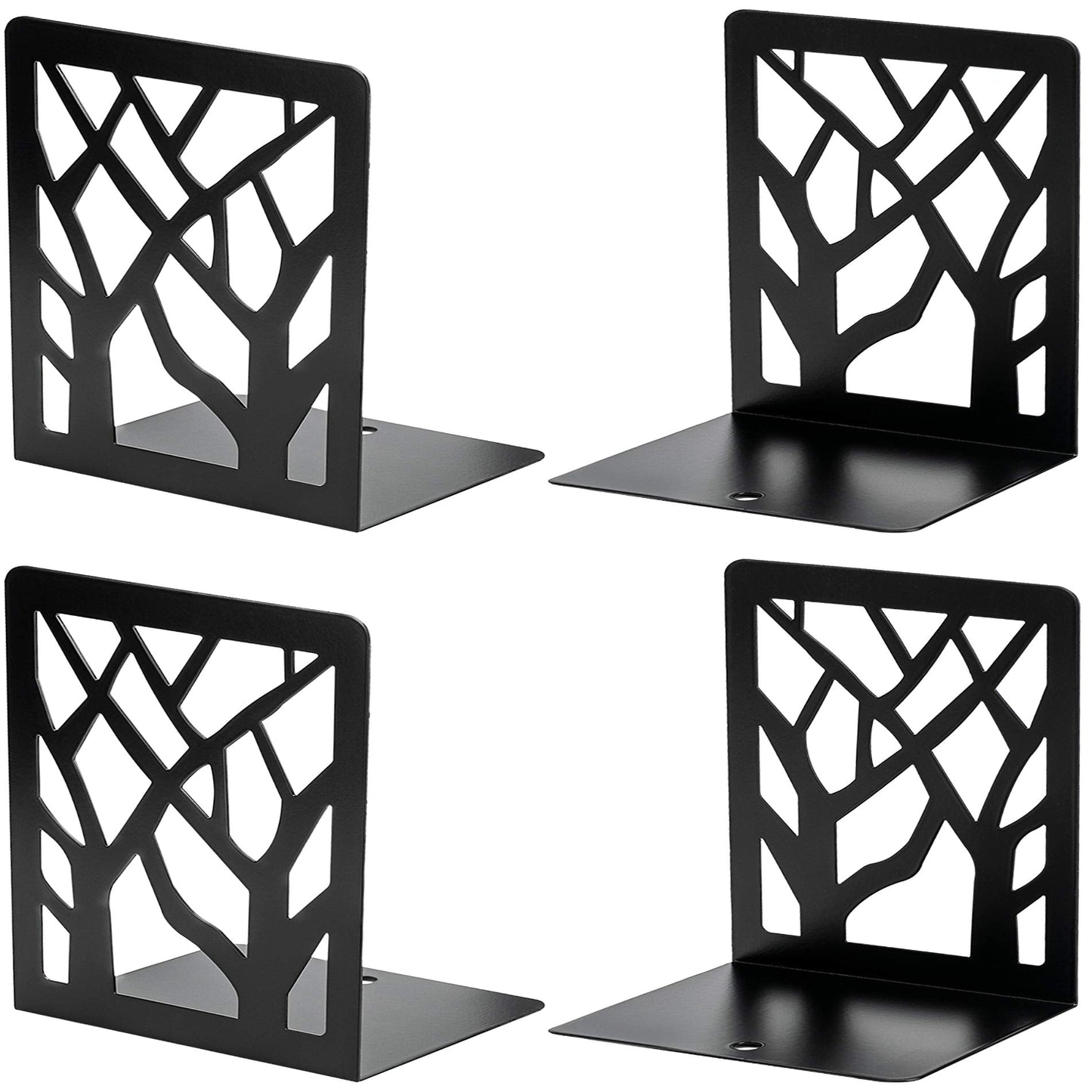 Four black tree-patterned bookends on a white background