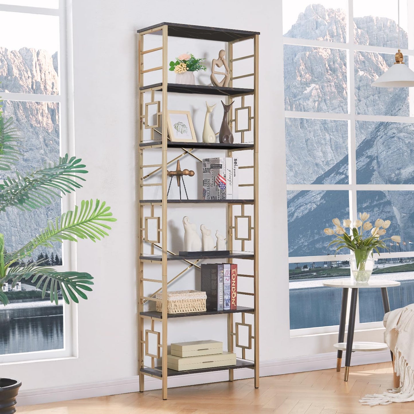Black & Gold 7-Tier Tall Bookshelf