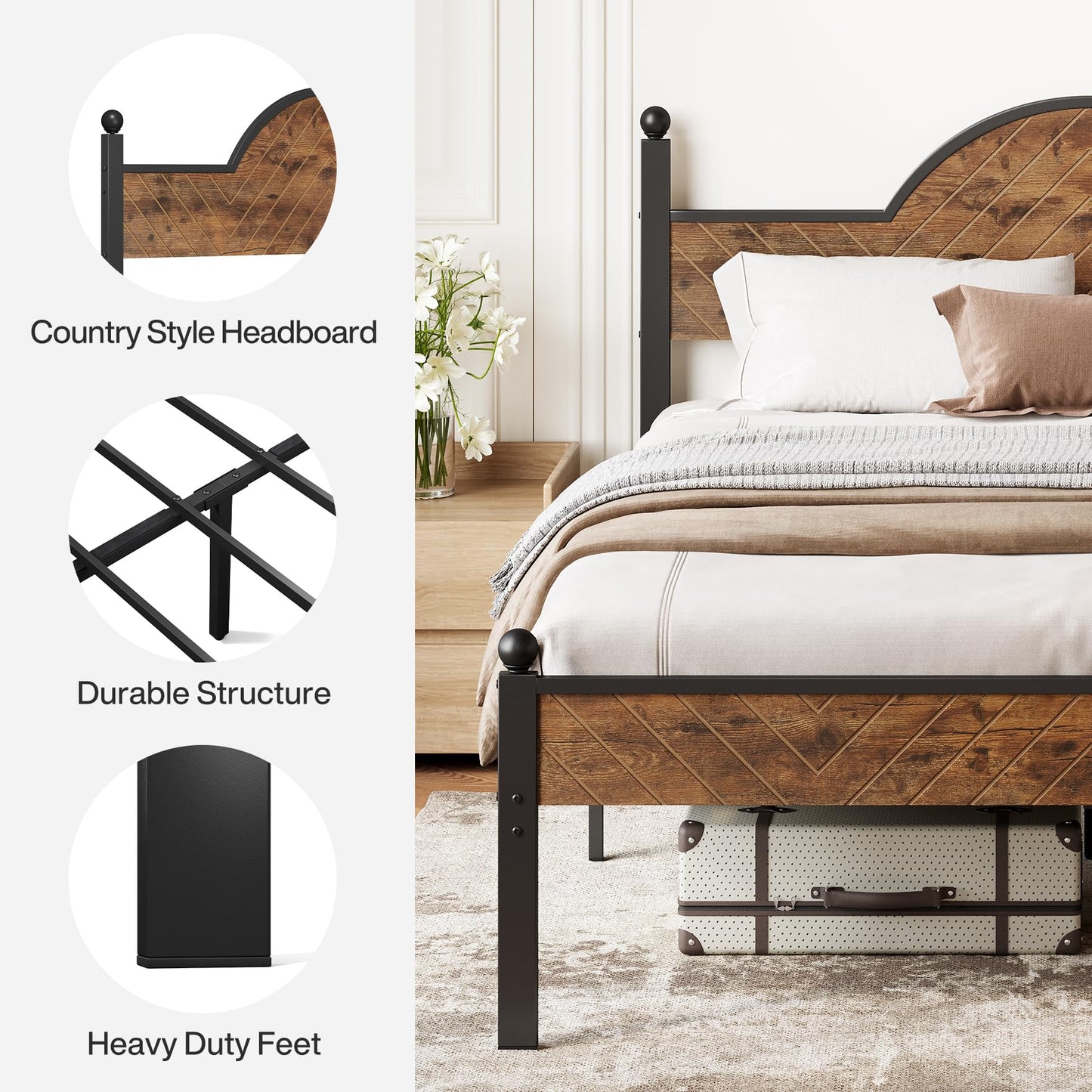 Bed Frame with Wooden Height-Adjustable Headboard and Footboard