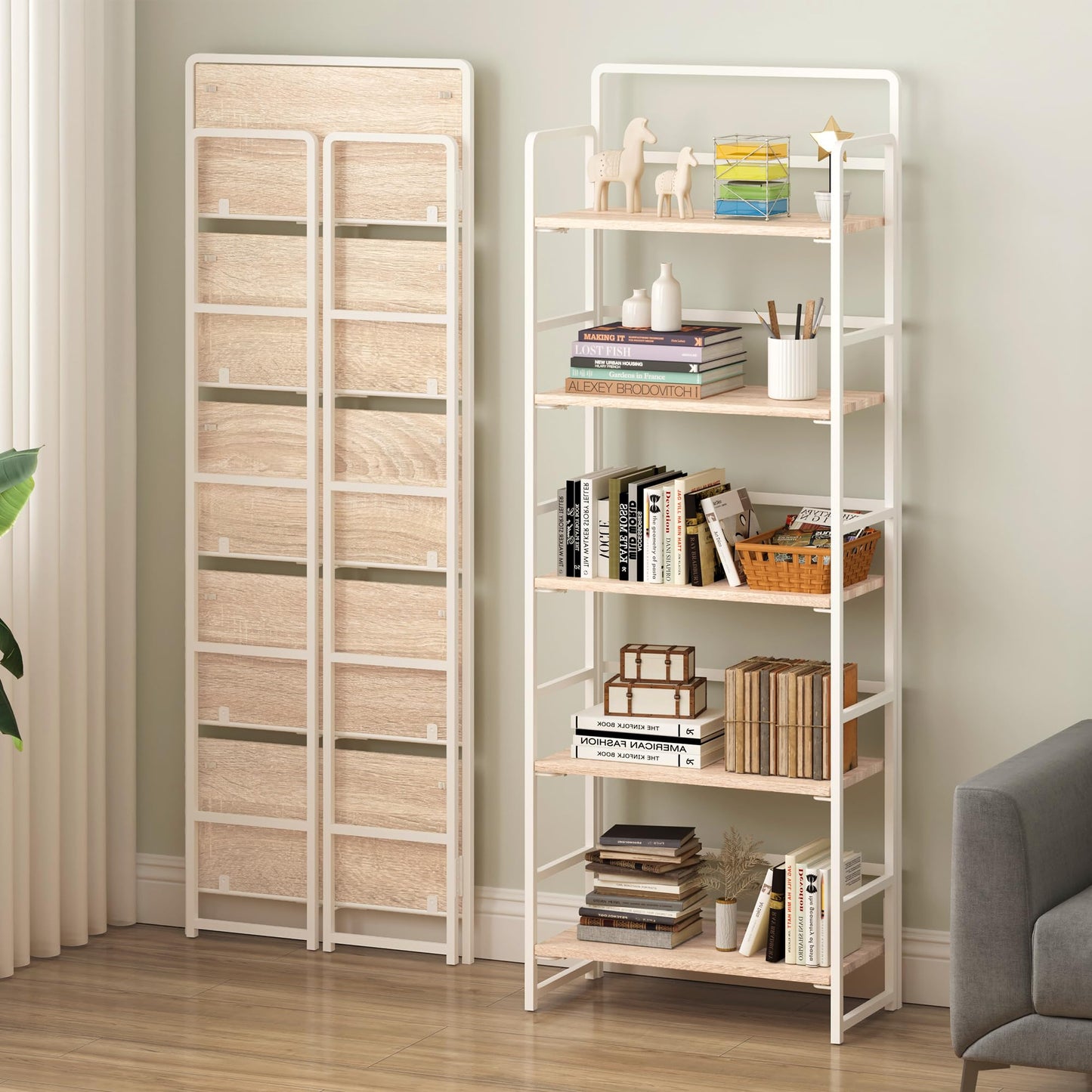 Natural and White 5 Tiers Folding Bookshelf