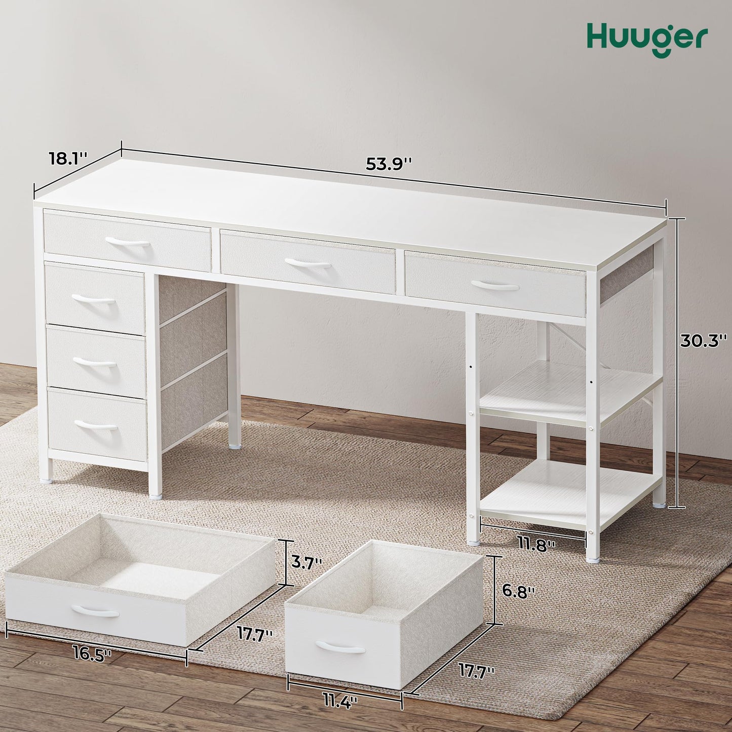 White - 54 inch Huuger Computer Desk with 6 Drawers